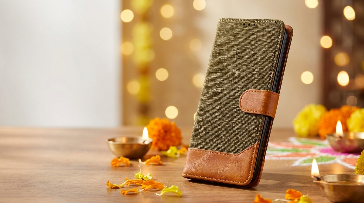 Walnut Brown denim wallet flip cover as a Diwali gift, propped beside lit brass diyas and marigolds