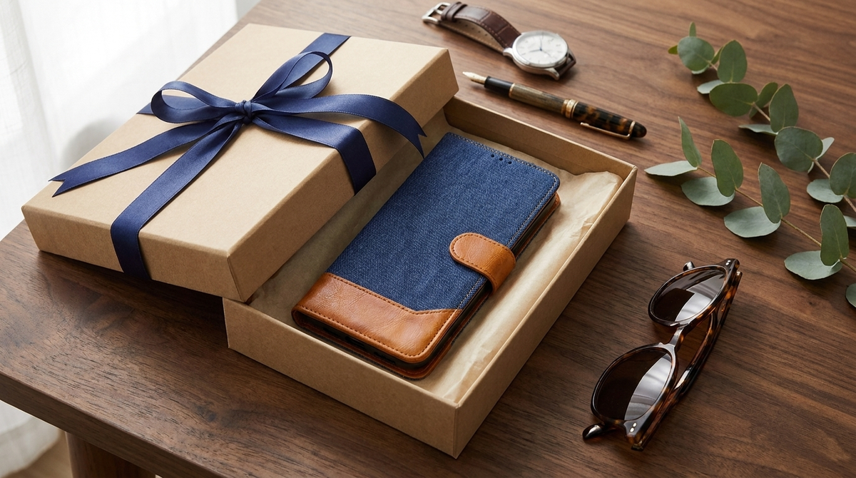 Midnight Blue denim wallet flip cover as a birthday gift for a brother, in an open gift box with a watch and pen
