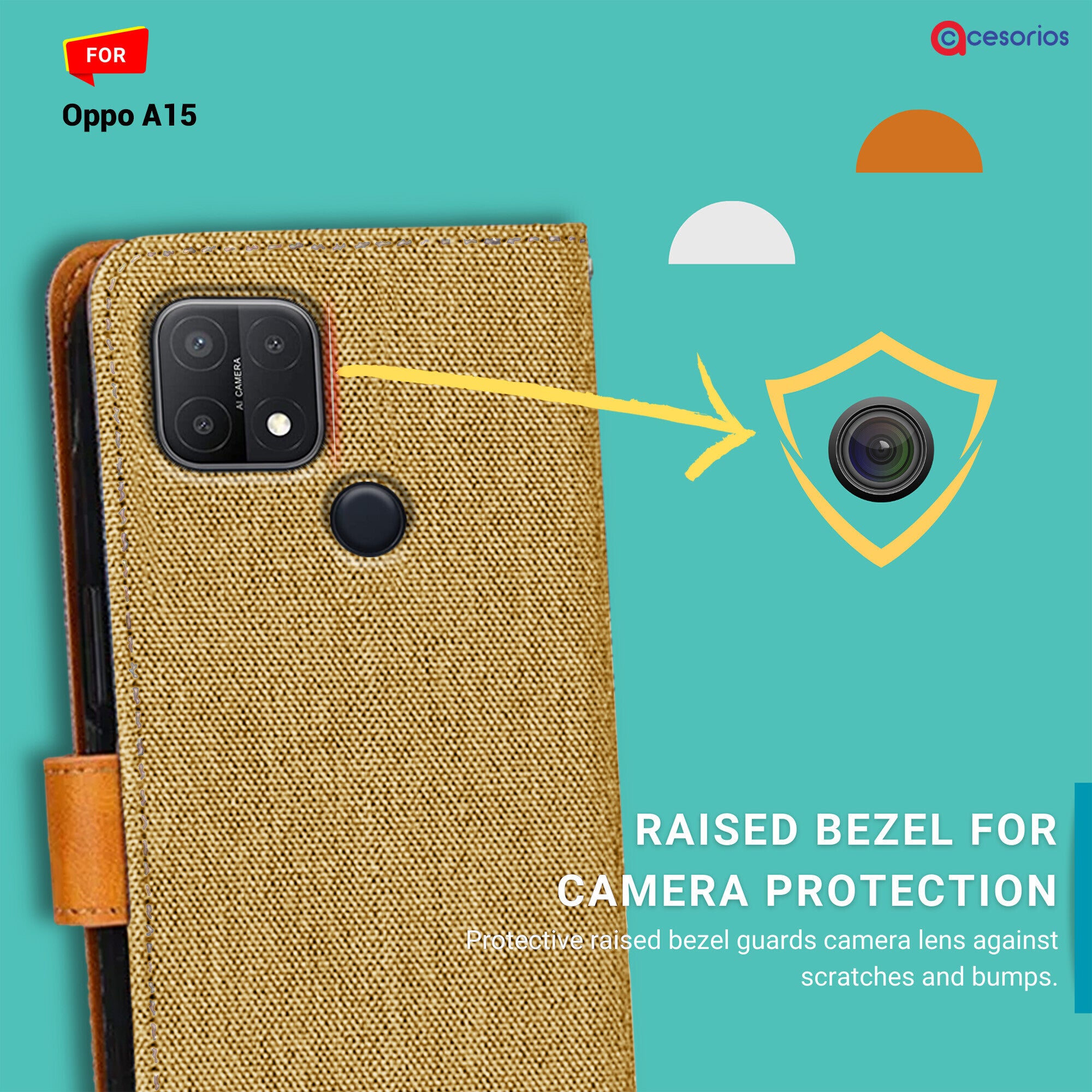 Accesorios Oppo A15 denim flip cover – Light Brown – Image 2 #color_light brown