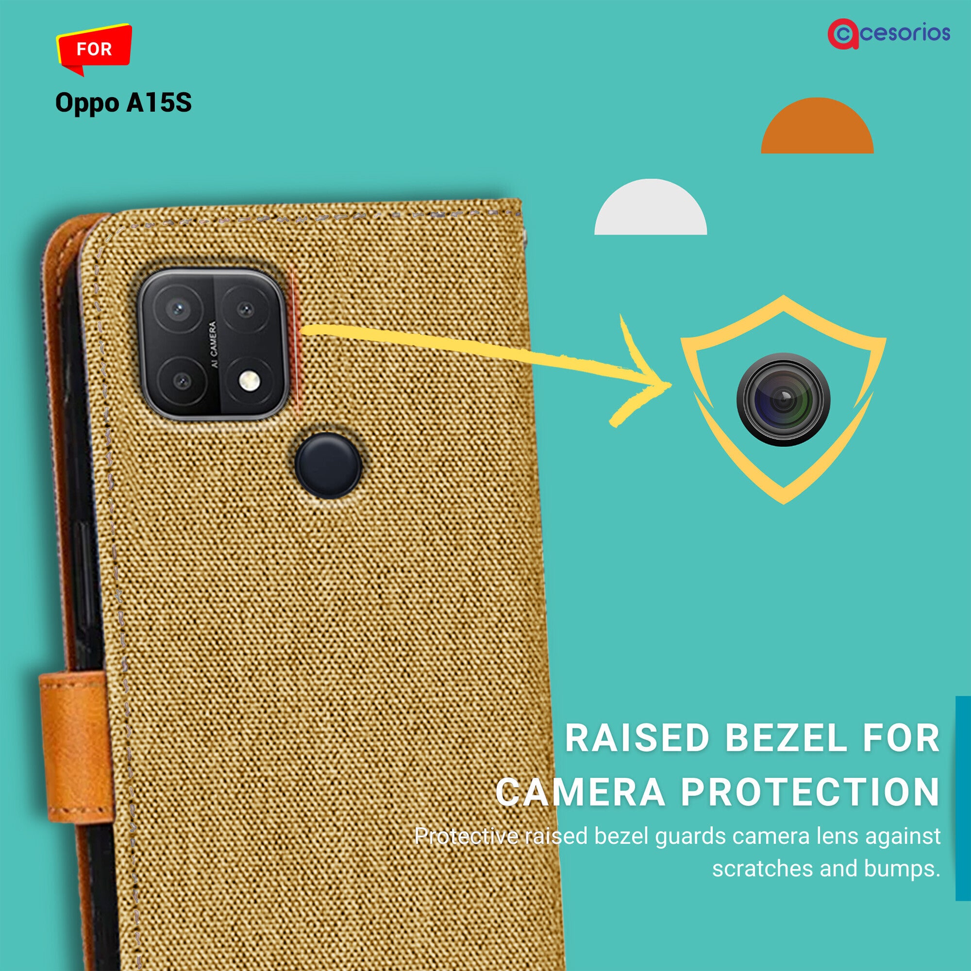Accesorios Oppo A15S denim flip cover – Light Brown – Image 2 #color_light brown
