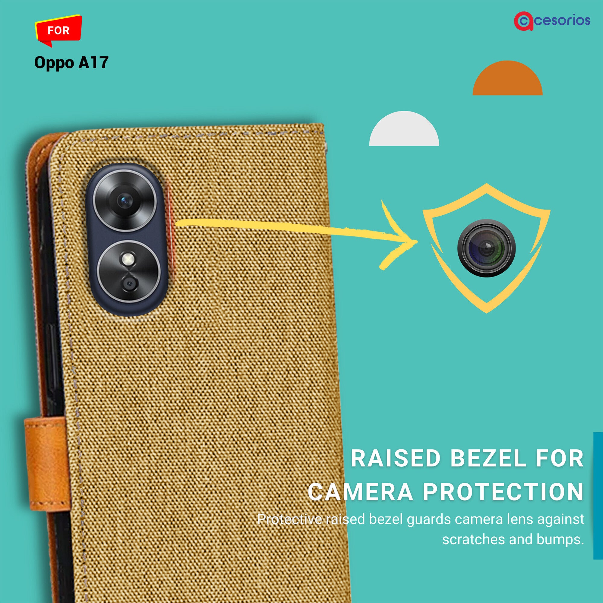 Accesorios Oppo A17 denim flip cover – Light Brown – Image 2 #color_light brown
