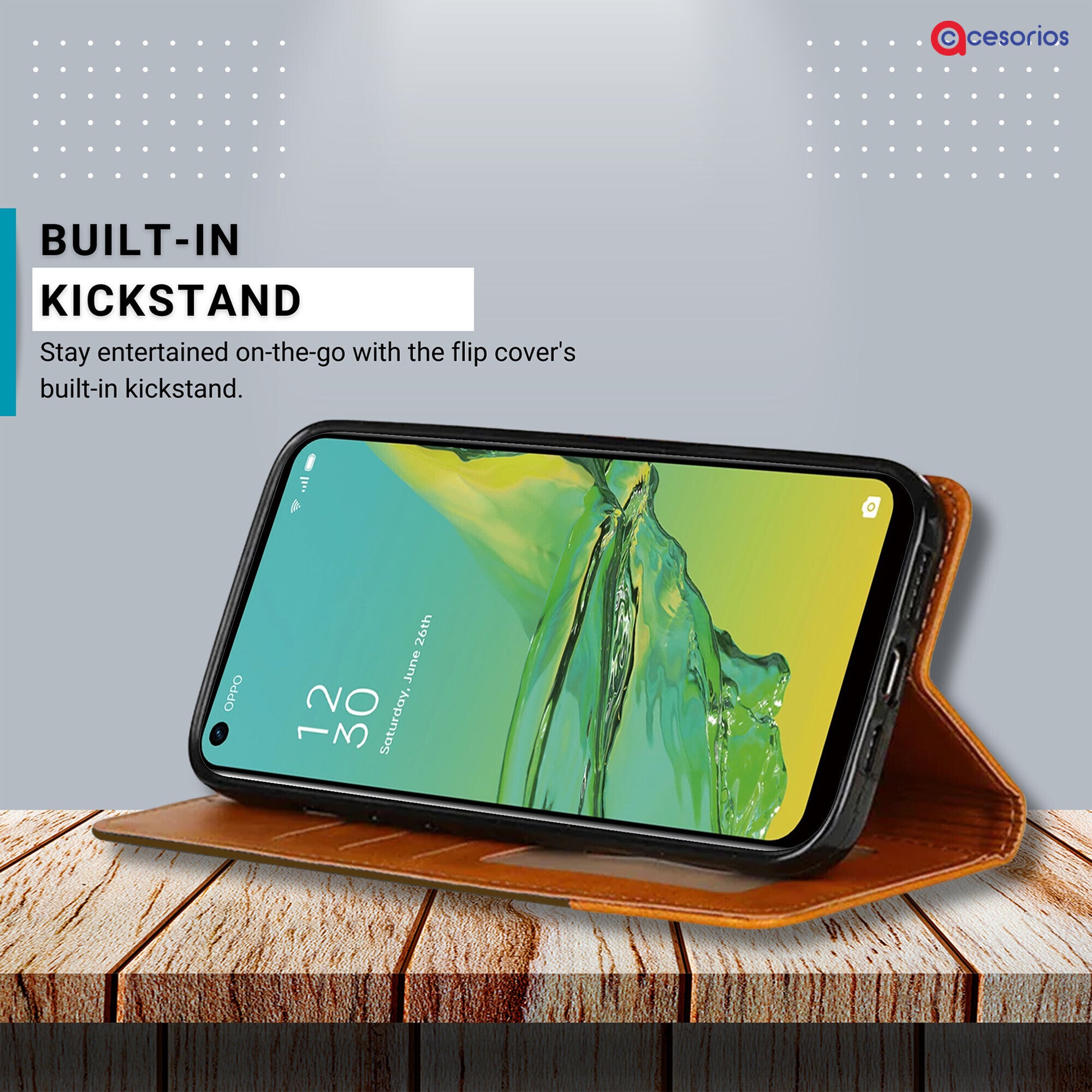Accesorios Oppo A33 denim flip cover – Dark Brown – Image 4 #color_dark brown