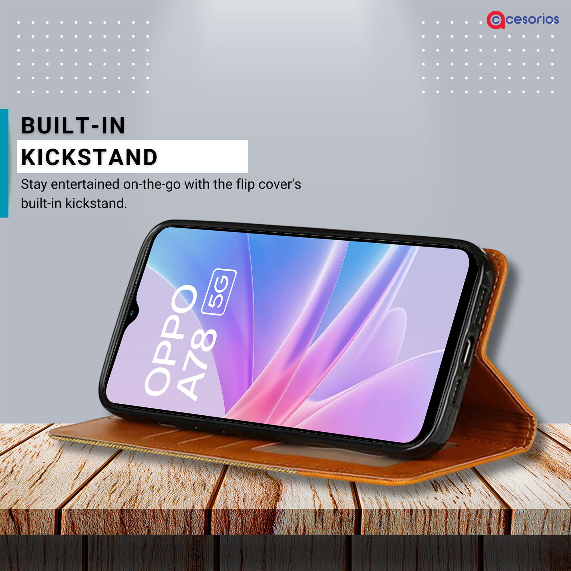 Accesorios Oppo A78 5G denim flip cover – Light Brown – Image 4 #color_light brown