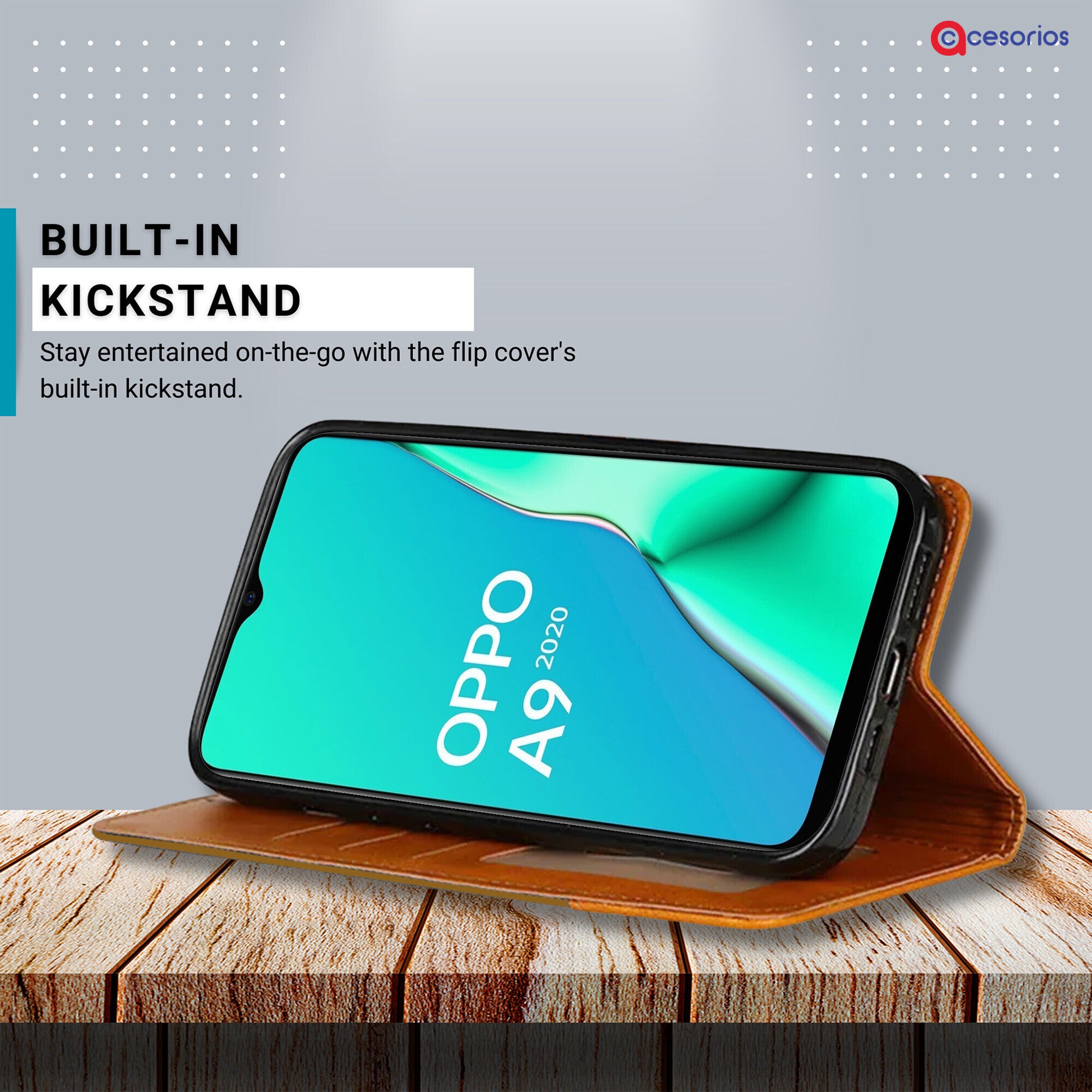 Accesorios Oppo A9 2020 denim flip cover – Light Brown – Image 4 #color_light brown