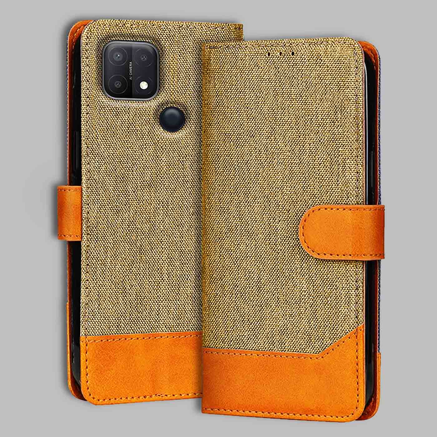 Accesorios Oppo A15S denim flip cover – Light Brown – Image 1 #color_light b
