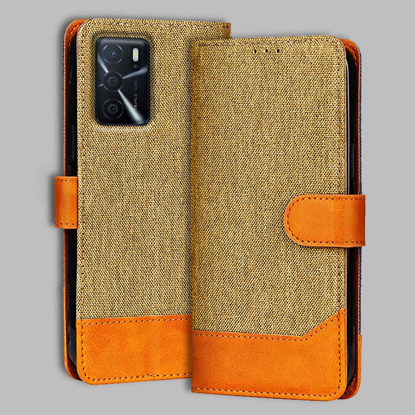 Accesorios Oppo A16 denim flip cover – Light Brown – Image 1 #color_light b