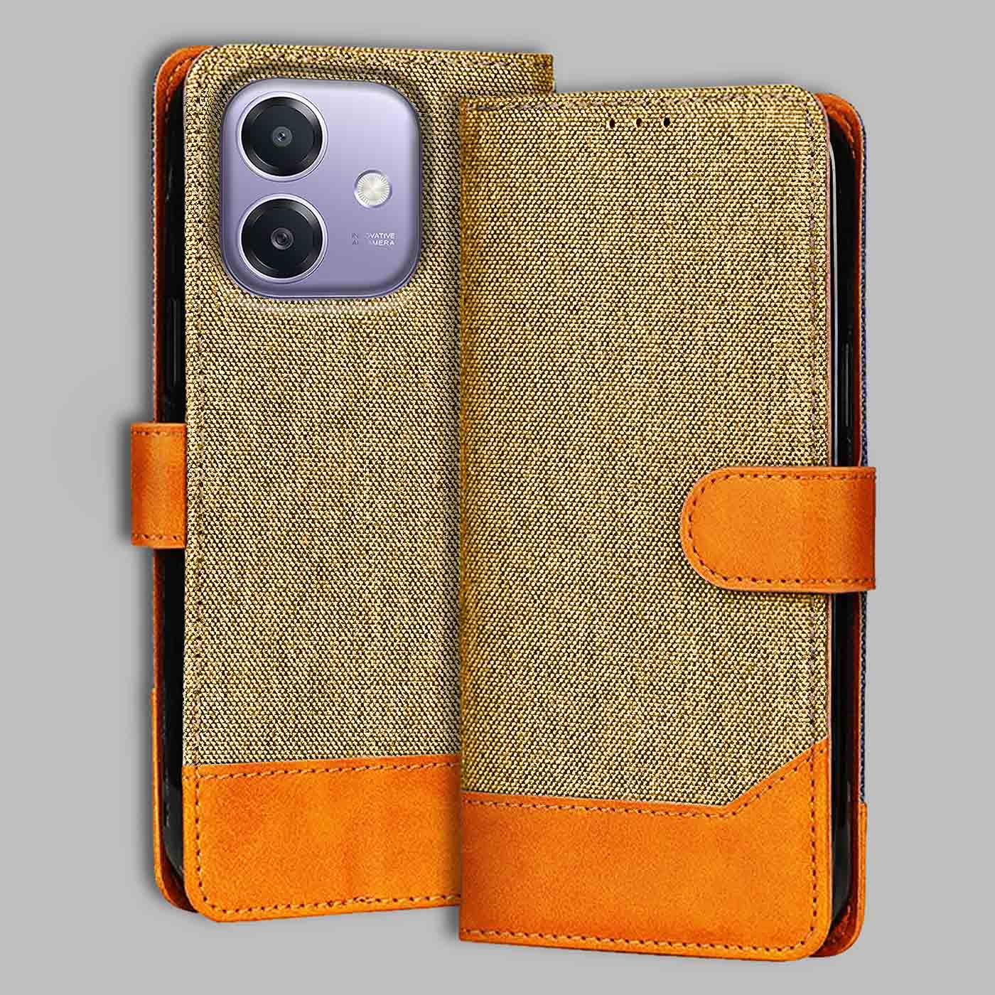 Accesorios Oppo A3X 5G denim flip cover – Light Brown – Image 1 #color_light b
