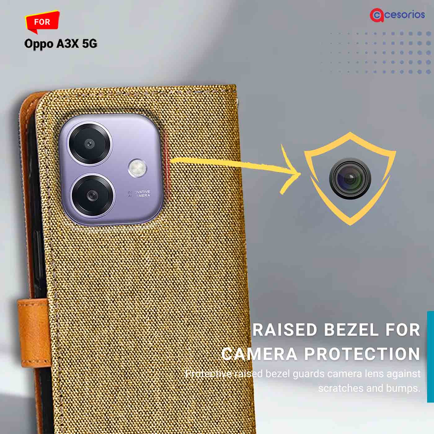 Accesorios Oppo A3X 5G denim flip cover – Light Brown – Image 2 #color_light b