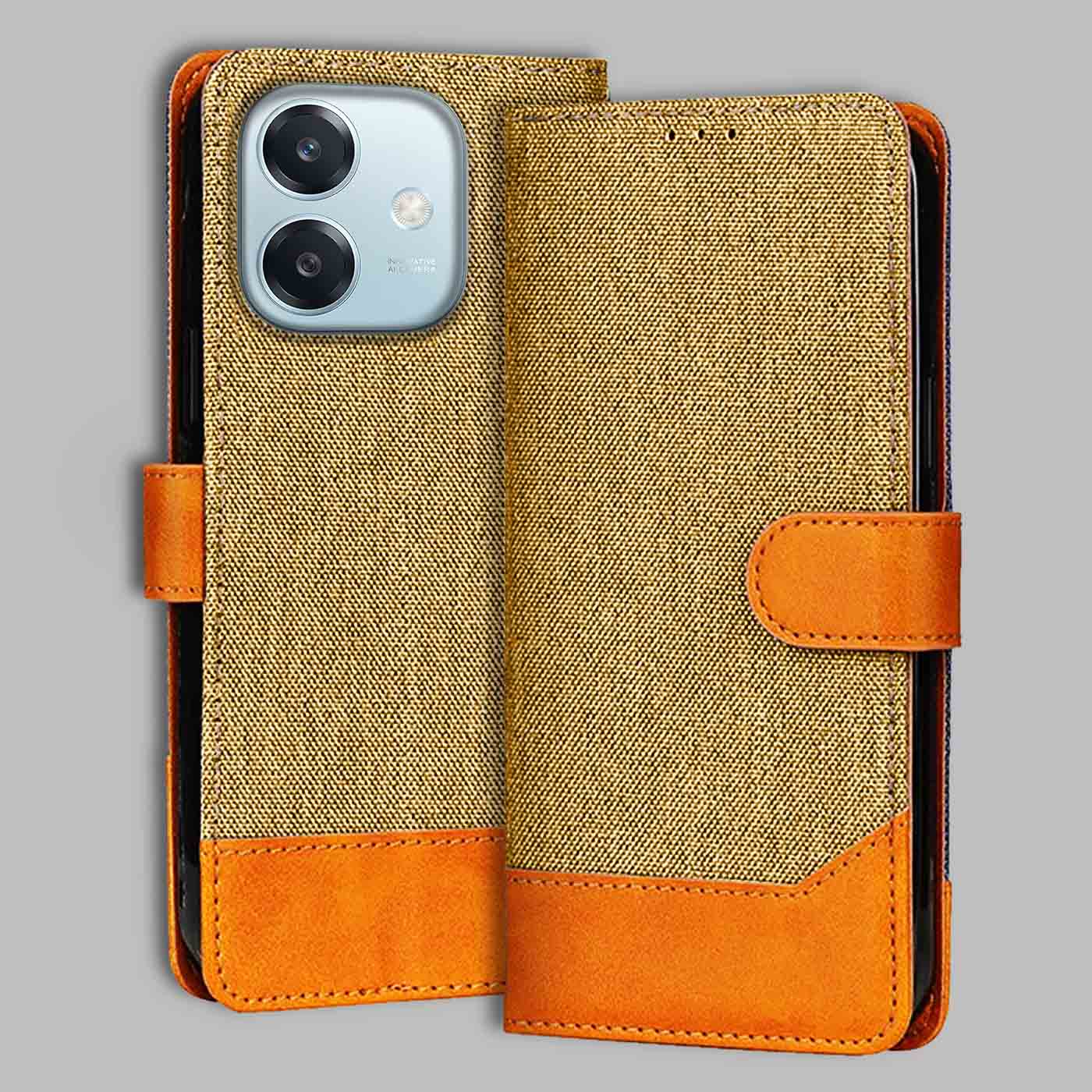 Accesorios Oppo A3 5G denim flip cover – Light Brown – Image 1 #color_light b