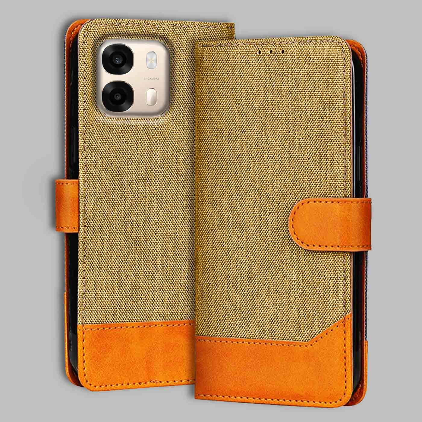 Oppo A6 Pro 5G flip cover in Light Brown — front view by Accesorios