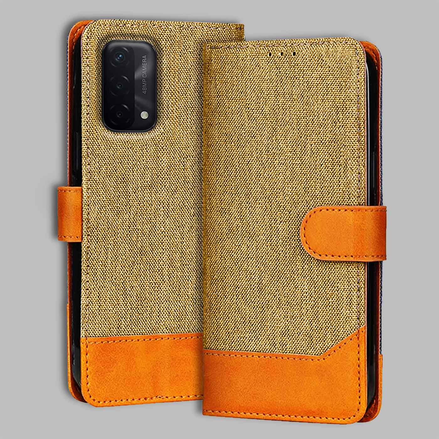 Accesorios Oppo A74 5G denim flip cover – Light Brown – Image 1 #color_light b