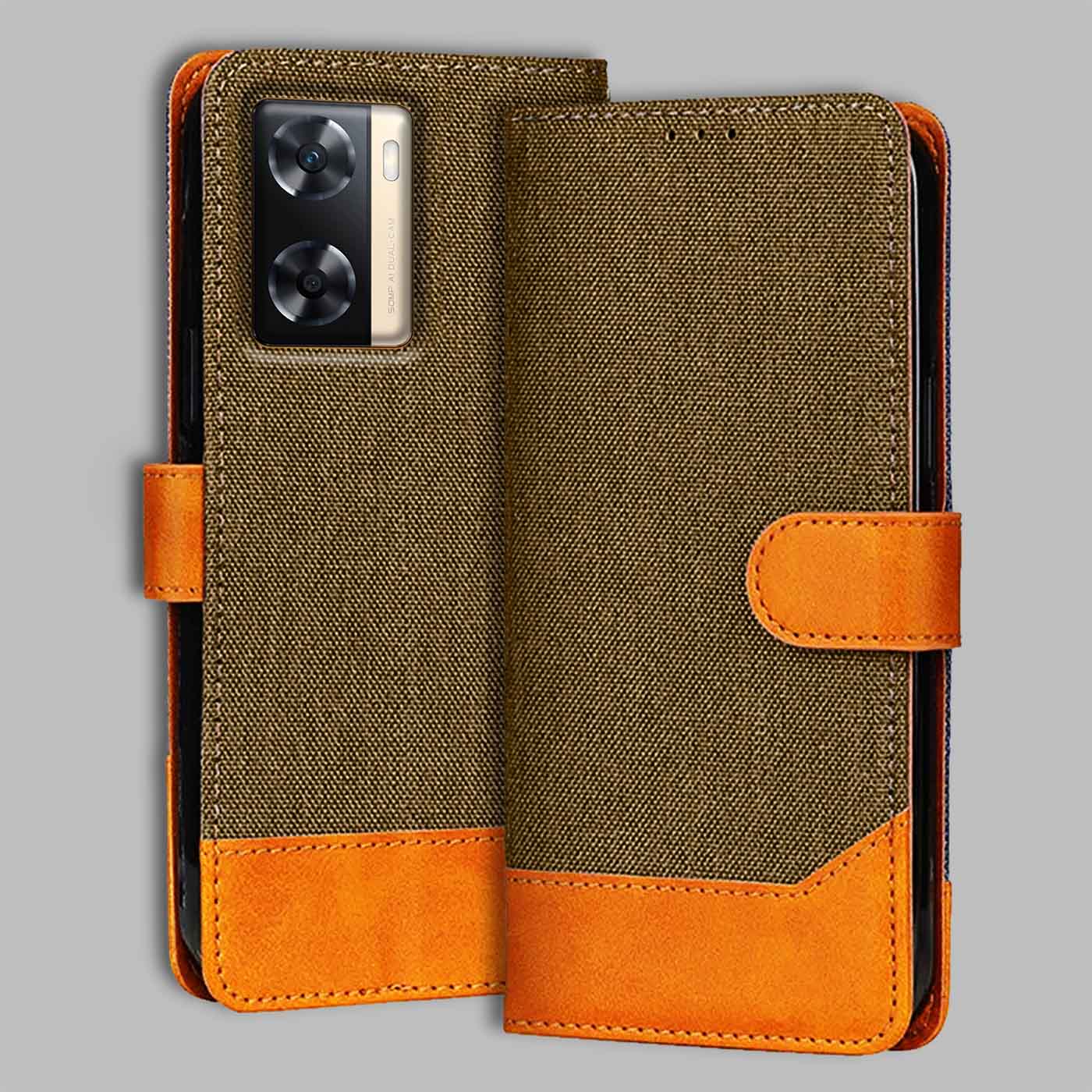 Accesorios Oppo A77 4G denim flip cover – Dark Brown – Image 1 #color_dark b