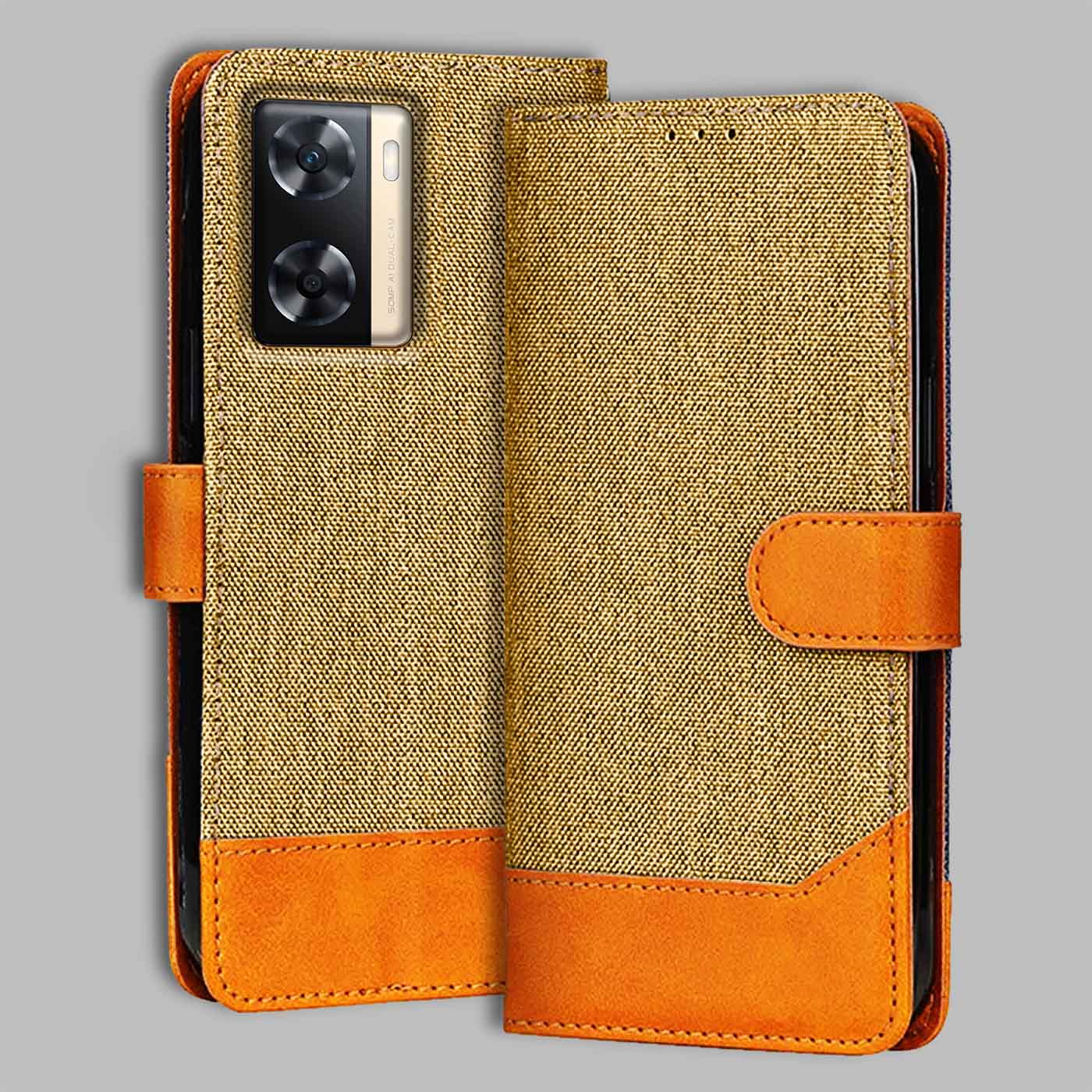 Accesorios Oppo A77 4G denim flip cover – Light Brown – Image 1 #color_light b
