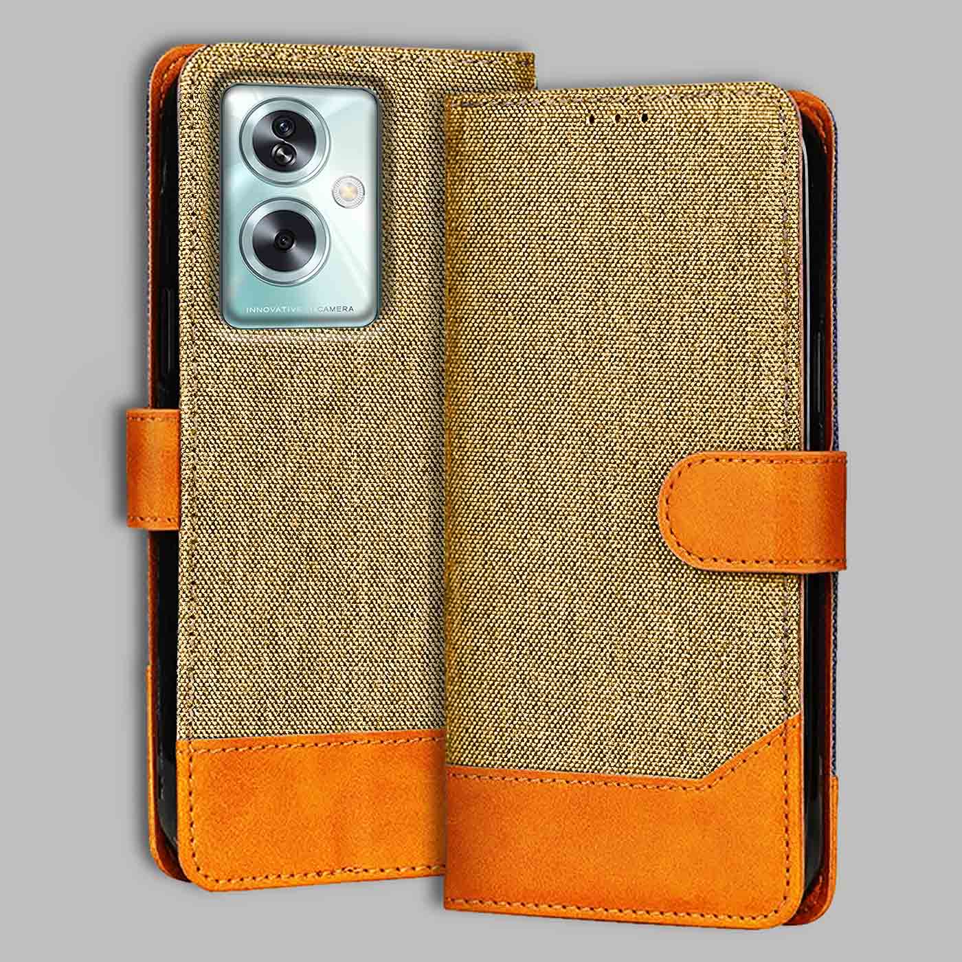 Accesorios Oppo A79 5G denim flip cover – Light Brown – Image 1 #color_light b