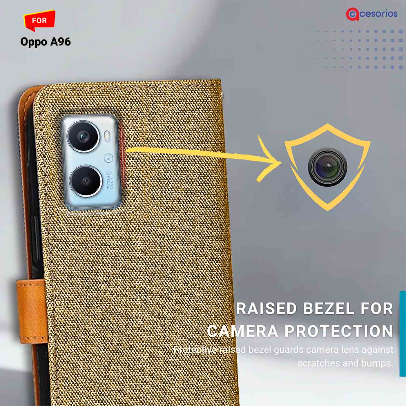 Accesorios Oppo A96 denim flip cover – Light Brown – Image 2 #color_light b