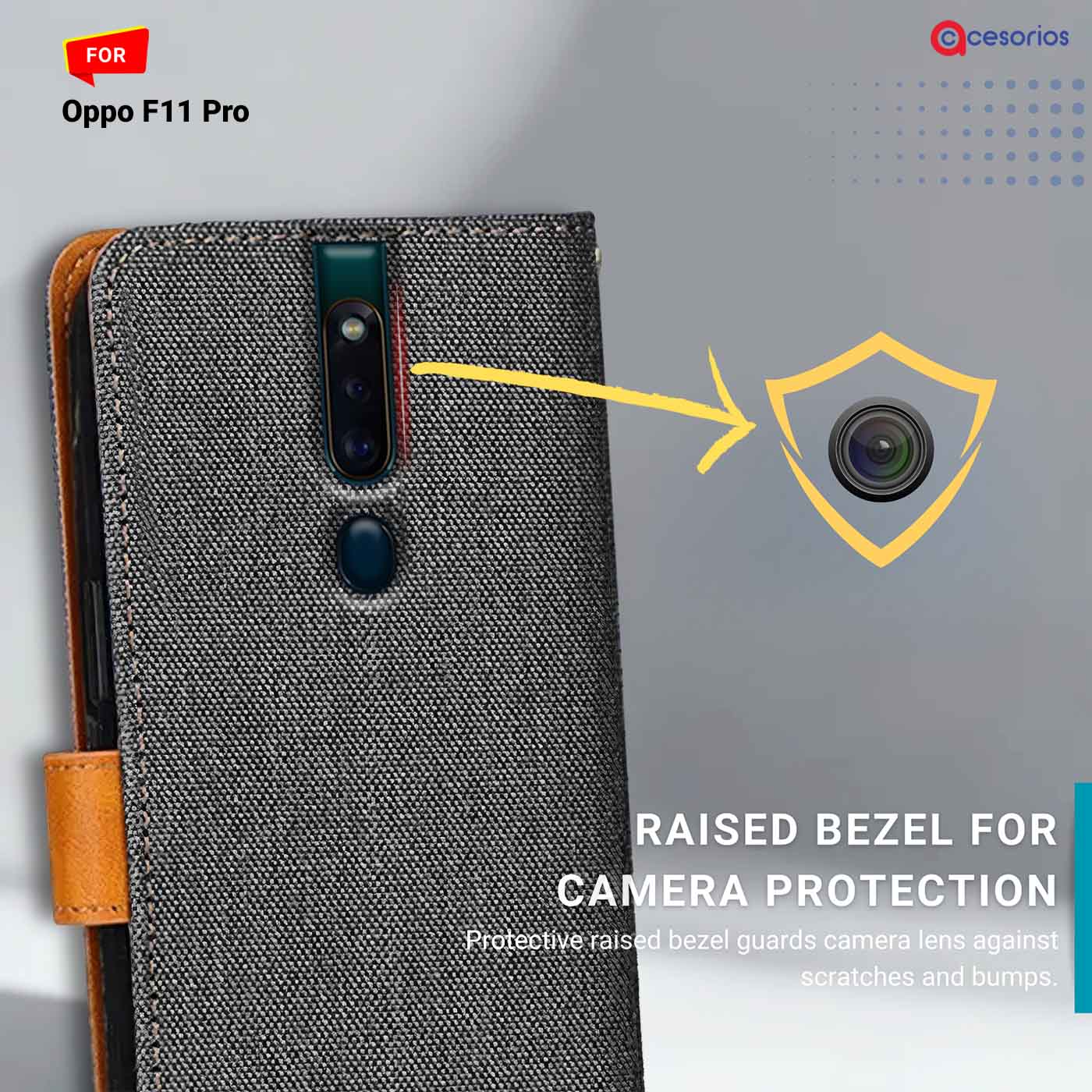 Accesorios Oppo F11 Pro denim flip cover – Grey – Image 2 #color_