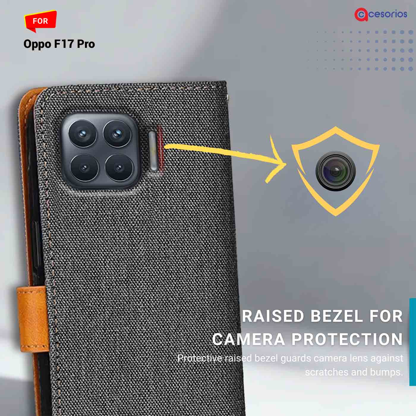 Accesorios Oppo F17 Pro denim flip cover – Grey – Image 2 #color_