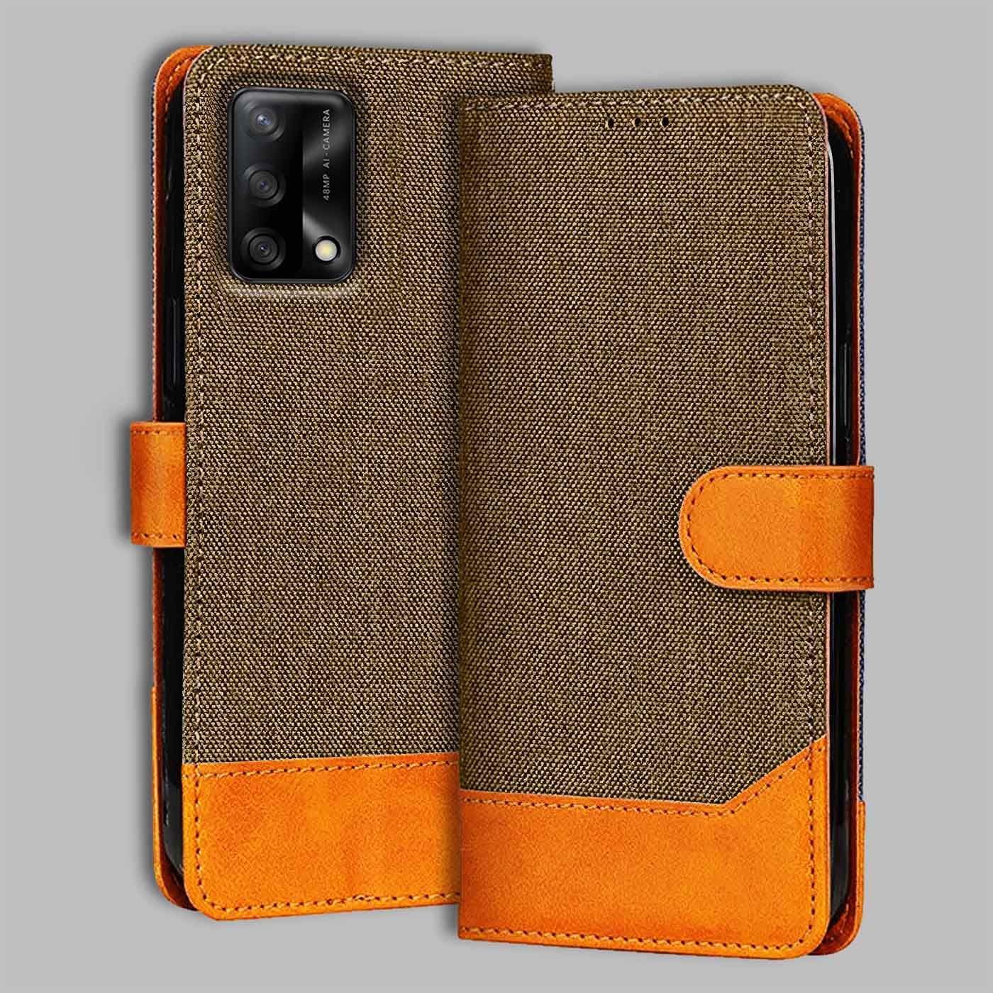 Accesorios Oppo F19 denim flip cover – Dark Brown – Image 1 #color_dark b