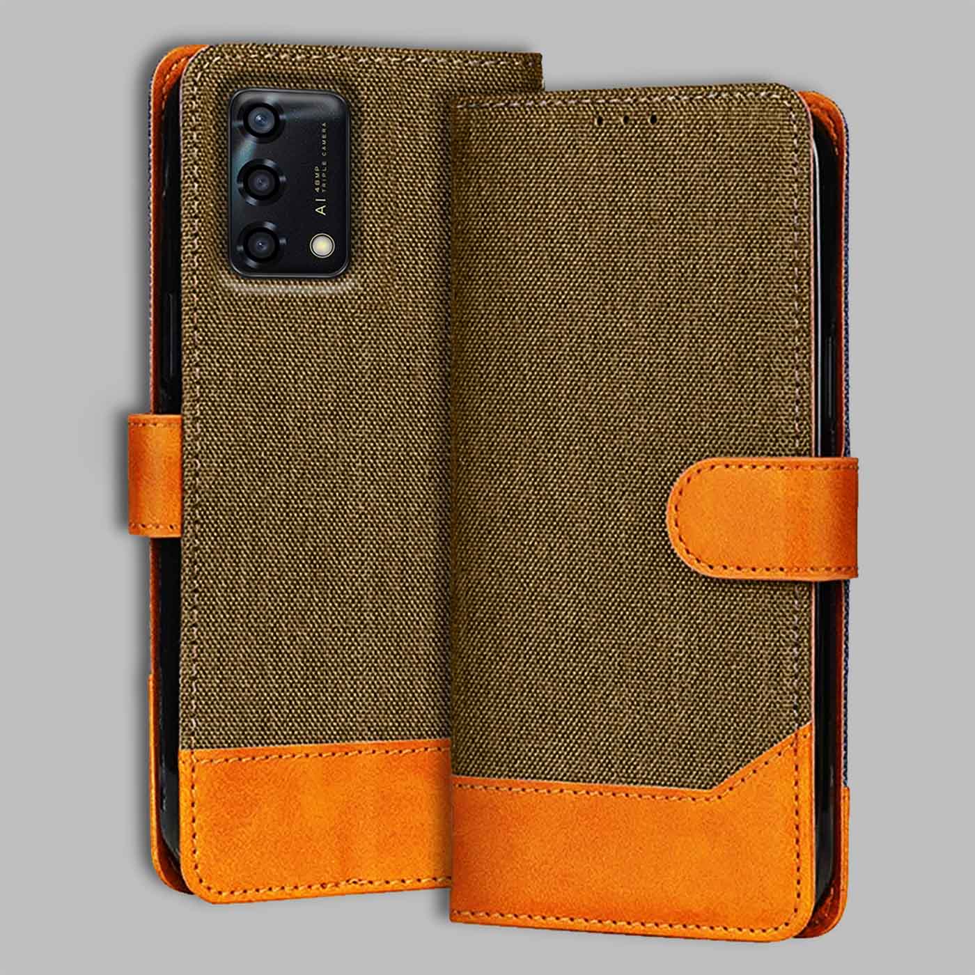 Accesorios Oppo F19S denim flip cover – Dark Brown – Image 1 #color_dark b