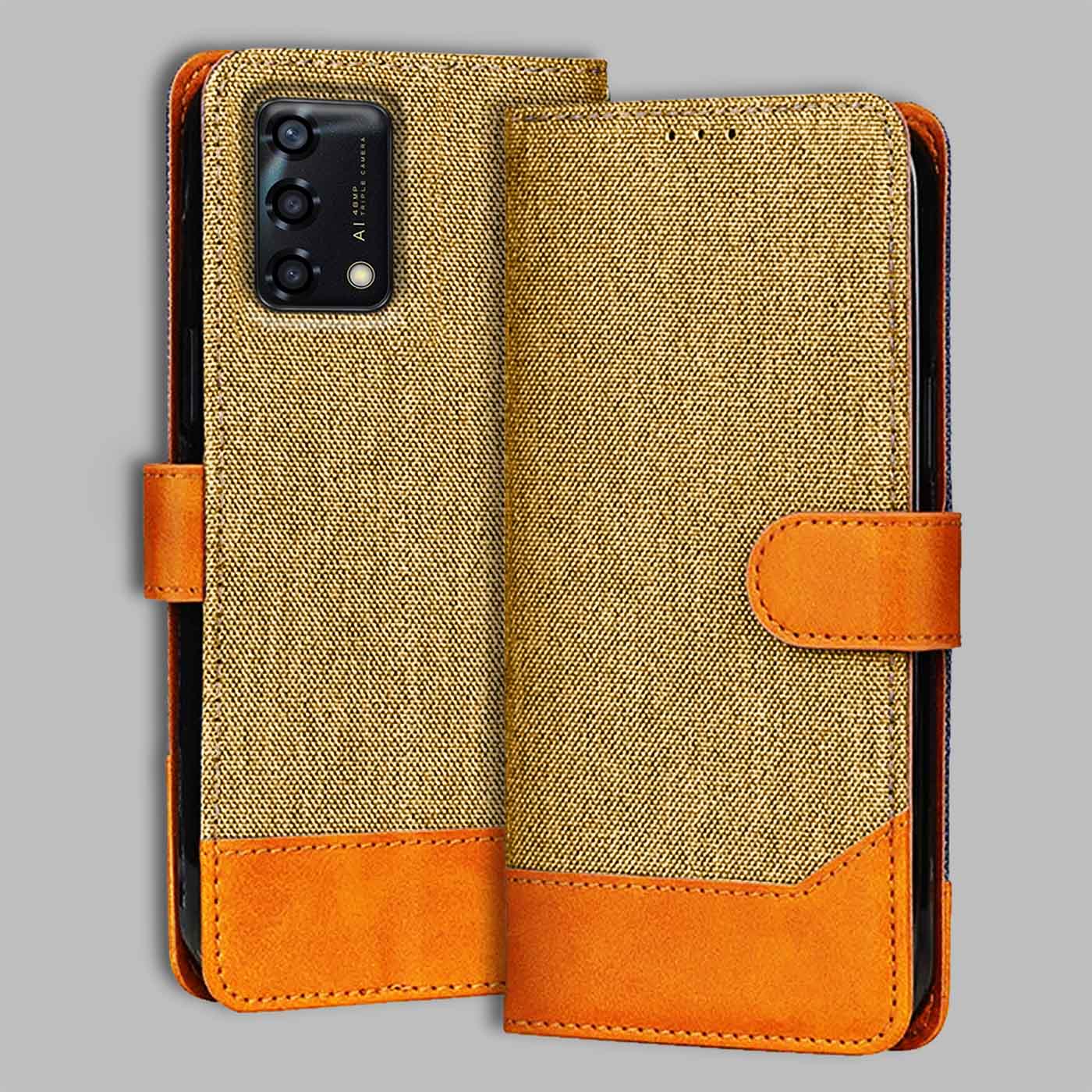 Accesorios Oppo F19S denim flip cover – Light Brown – Image 1 #color_light b