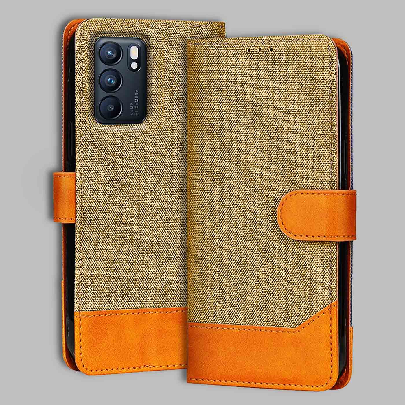 Accesorios Oppo Reno 6 5G denim flip cover – Light Brown – Image 1 #color_light b