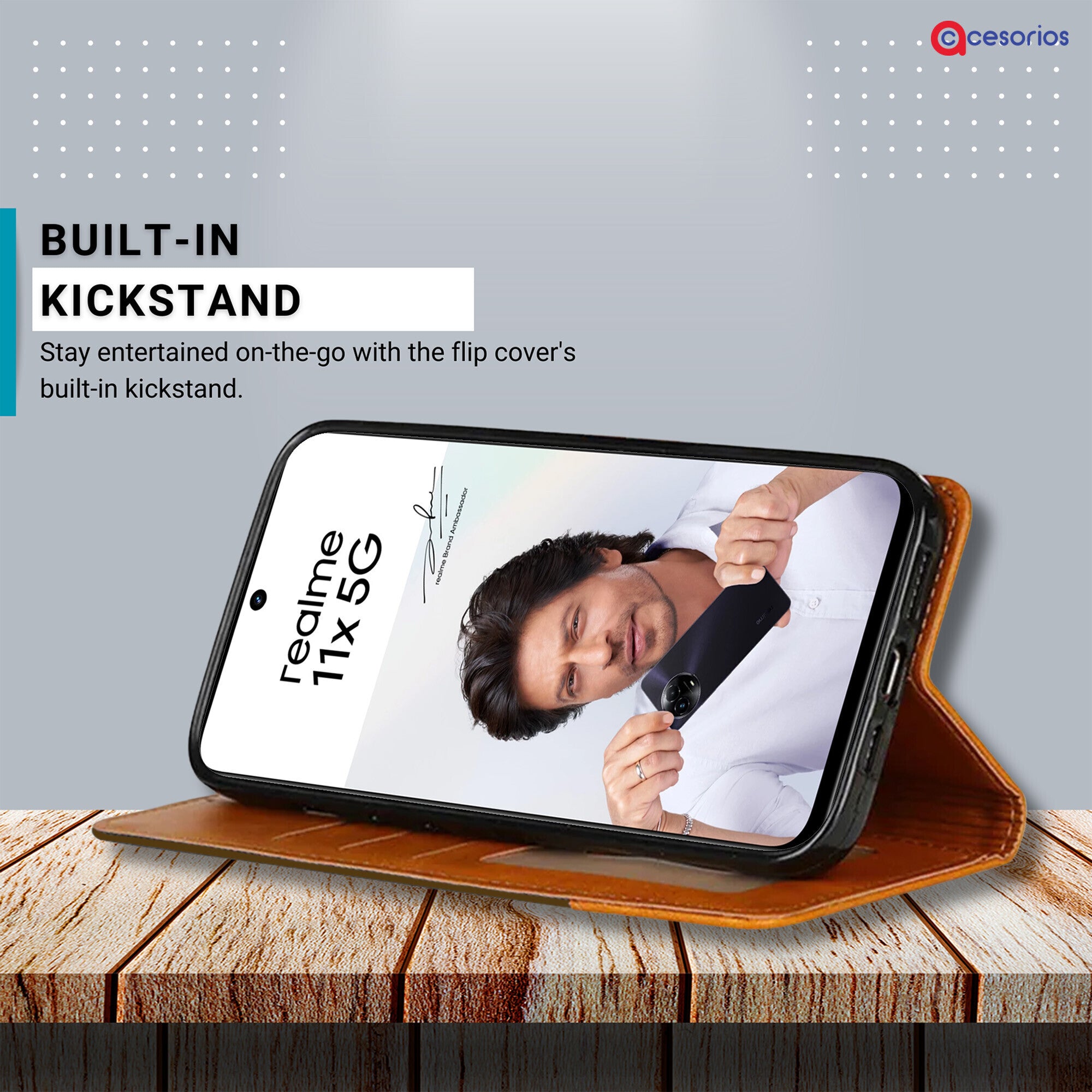 Accesorios Realme 11X 5G denim flip cover – Dark Brown – Image 4 #color_dark brown