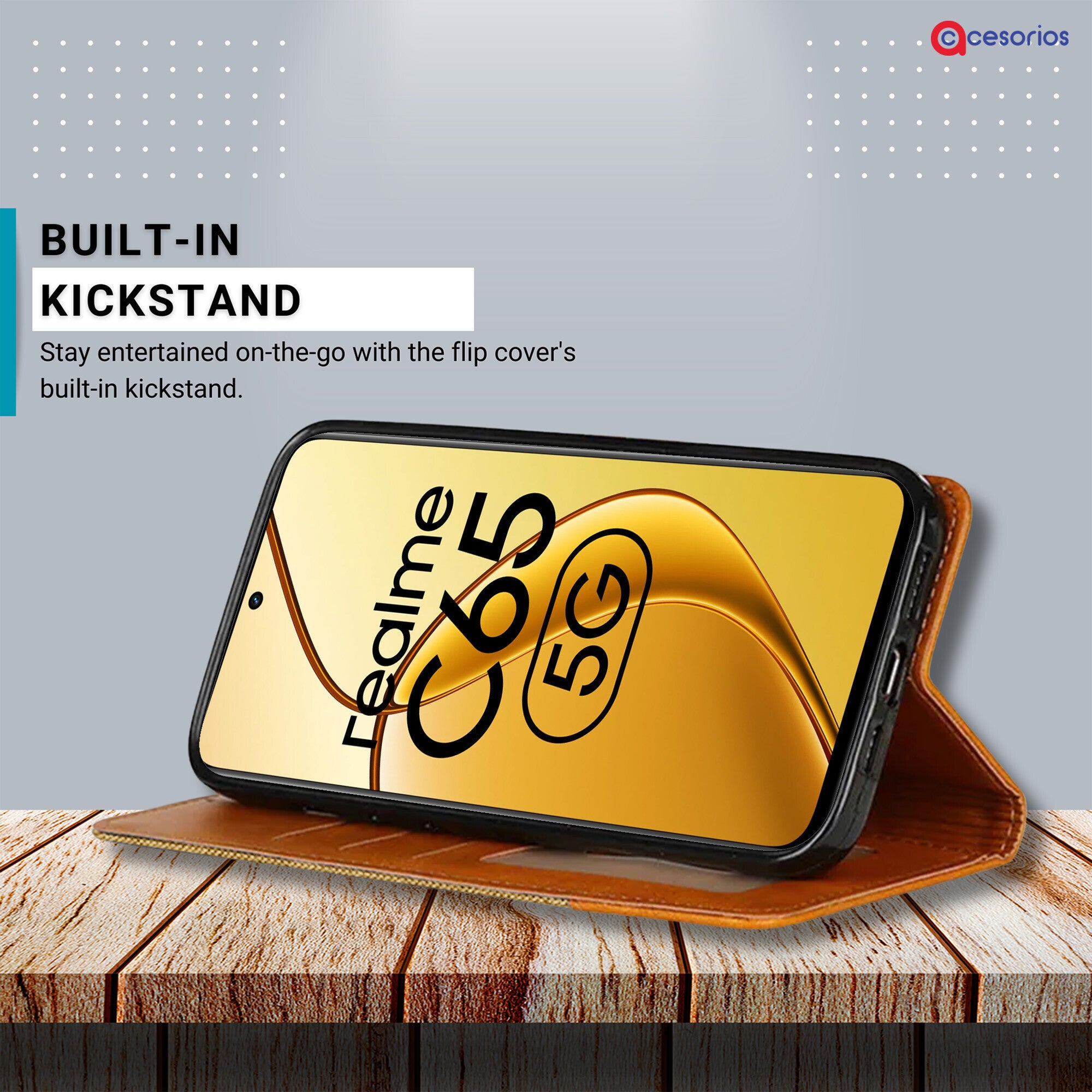 Accesorios Realme C65 denim flip cover – Light Brown – Image 4 #color_light brown