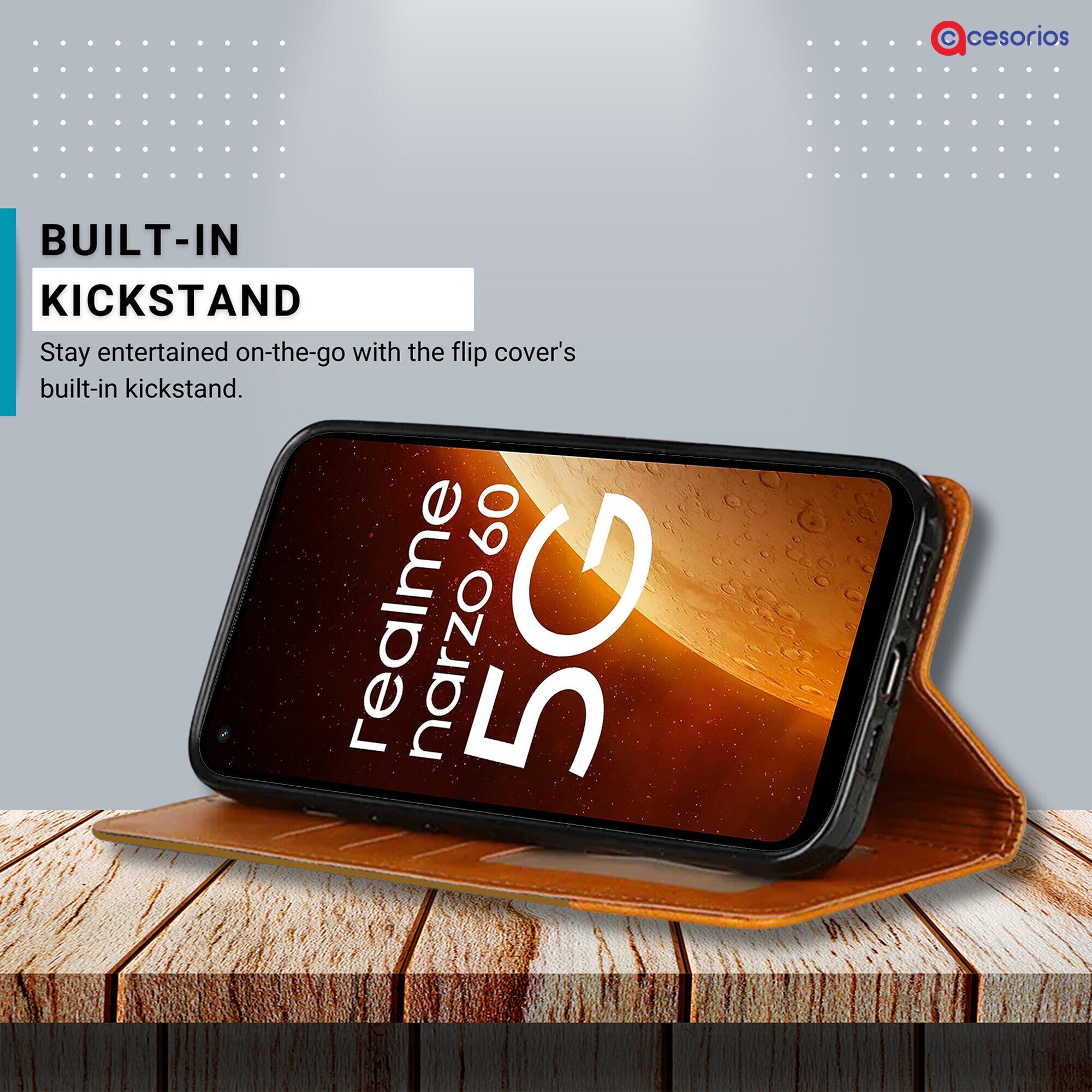 Accesorios Realme Narzo 60 5G denim flip cover – Light Brown – Image 4 #color_light brown