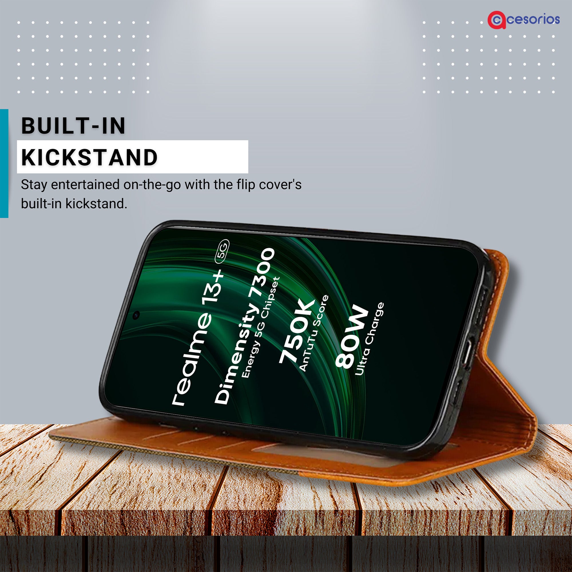 Accesorios Realme 13 Plus 5G denim flip cover – Dark Brown – Image 4 #color_dark brown