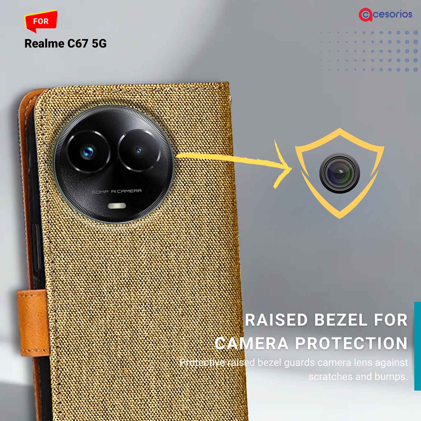 Accesorios Realme C67 5G denim flip cover – Light Brown – Image 2 #color_light b