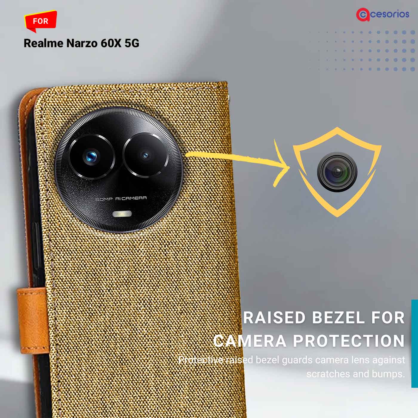 Accesorios Realme Narzo 60X 5G denim flip cover – Light Brown – Image 2 #color_light b