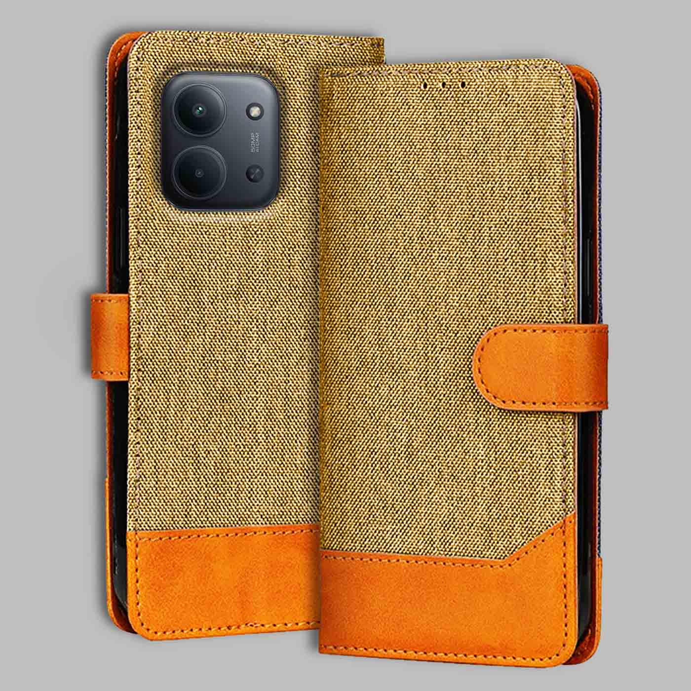 Redmi 15C 5G flip cover in Light Brown — front view by Accesorios