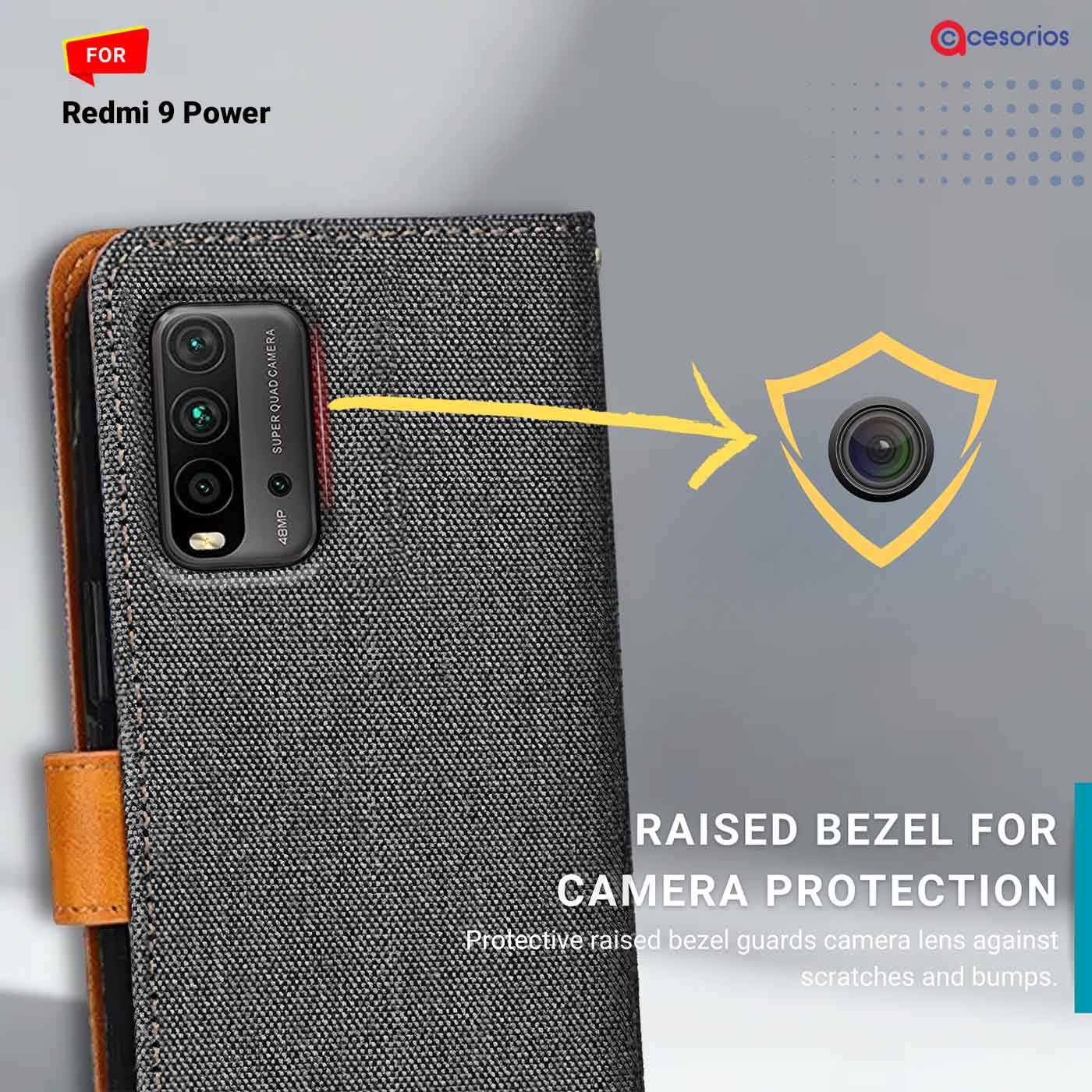 Accesorios Redmi 9 Power denim flip cover – Grey – Image 2 #color_