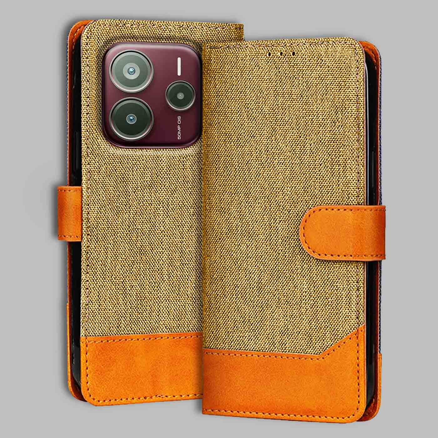 Redmi Note 14 SE 5G flip cover in Light Brown — front view by Accesorios