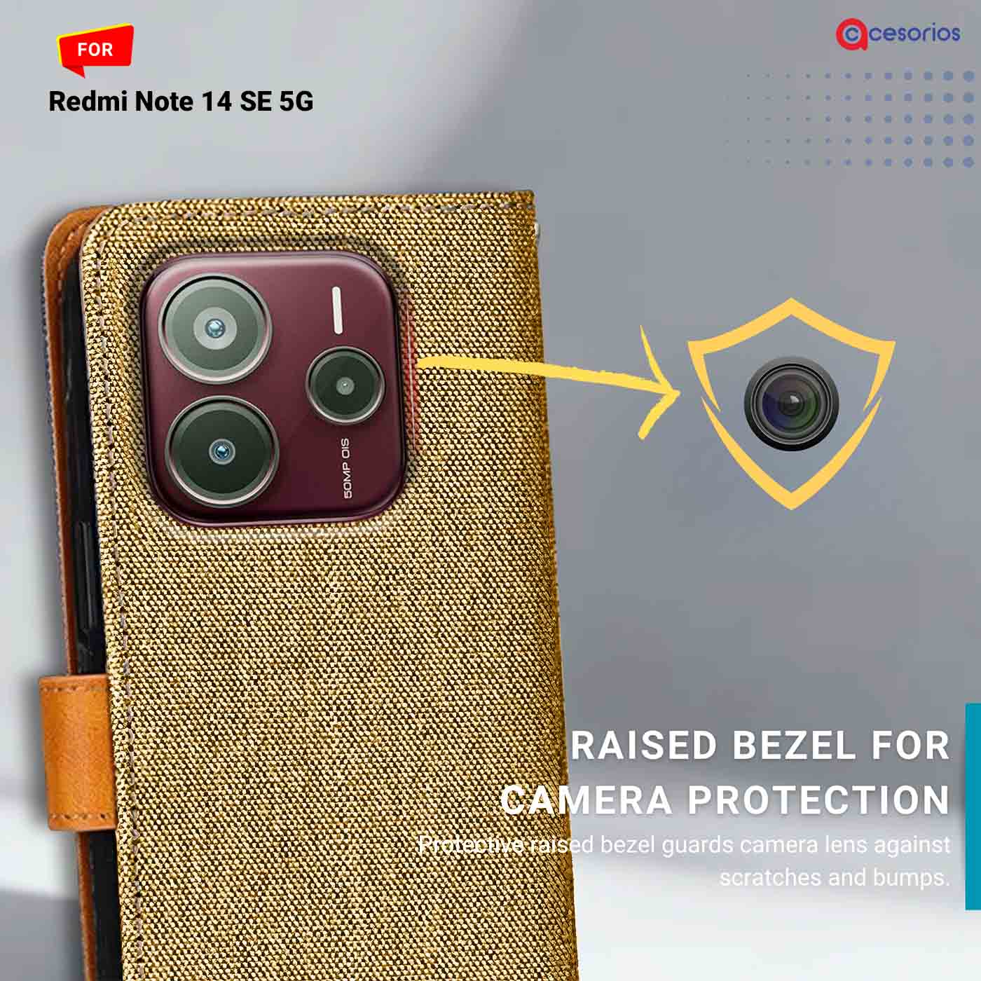 Denim & Leather back panel — Redmi Note 14 SE 5G in Light Brown mobile case