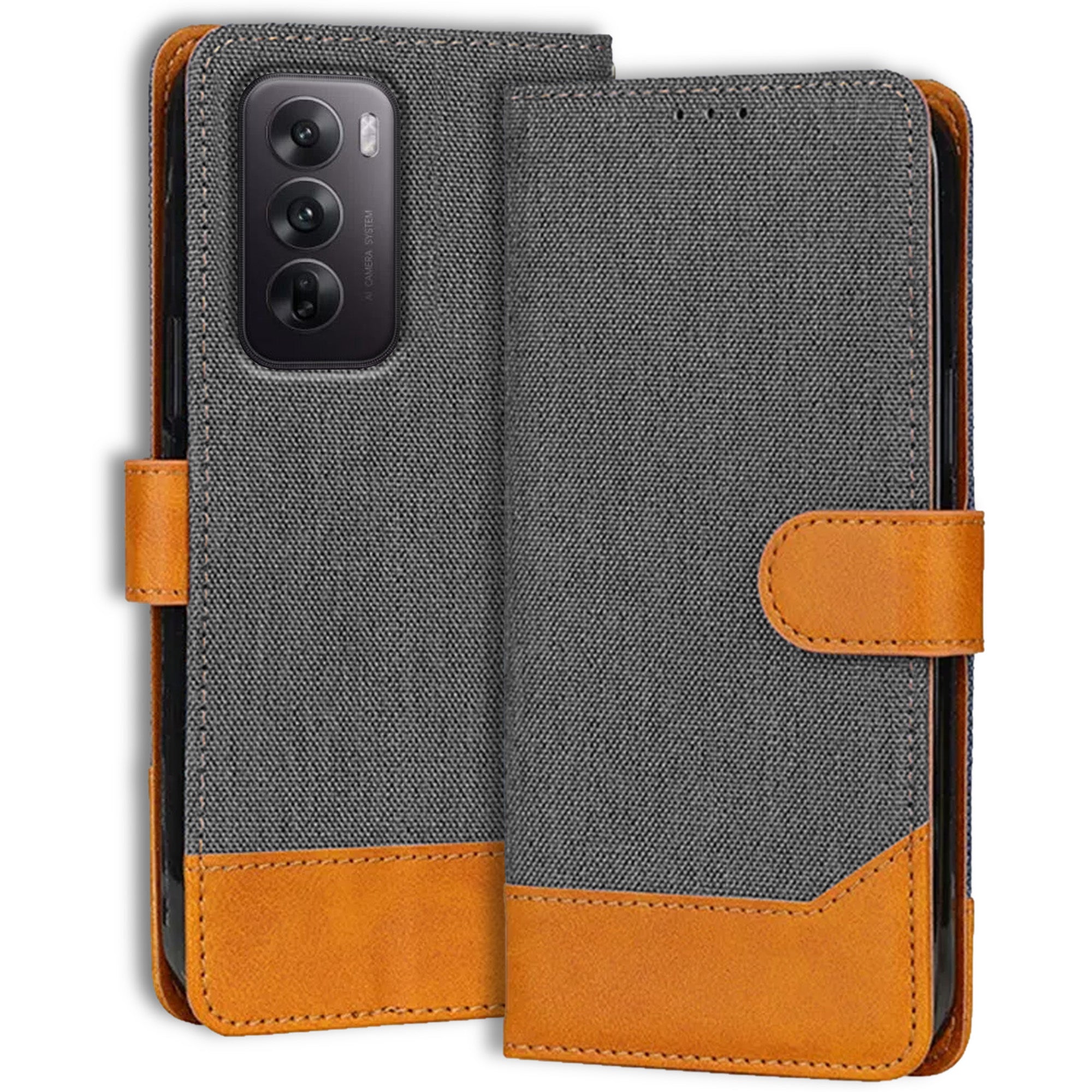 Reno 12 5G Denim Leather Flip Cover | Dual Color | Sleek & Durable - Grey