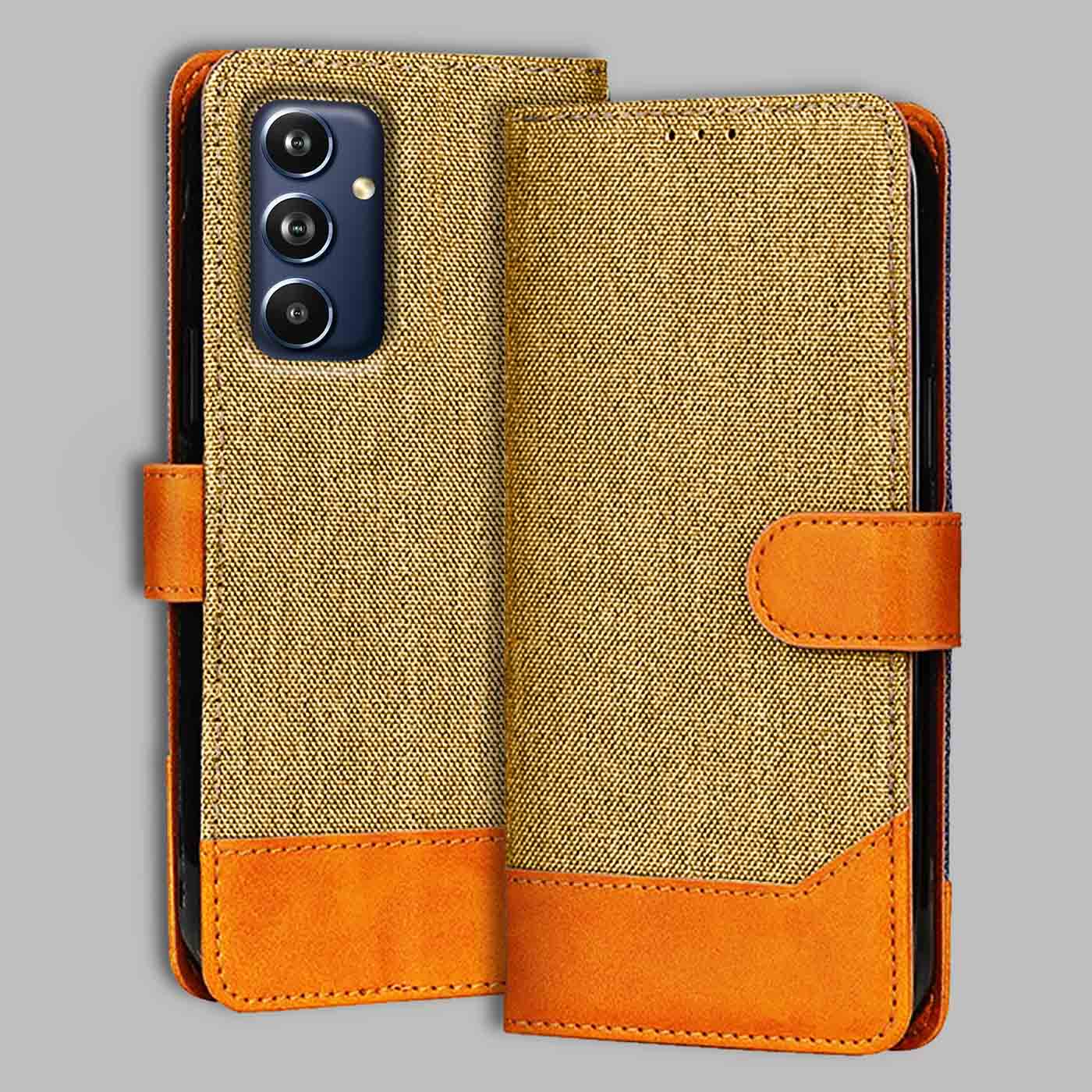 Samsung F54 5G Dual-Tone Denim & Leather Flip Cover - Light Brown