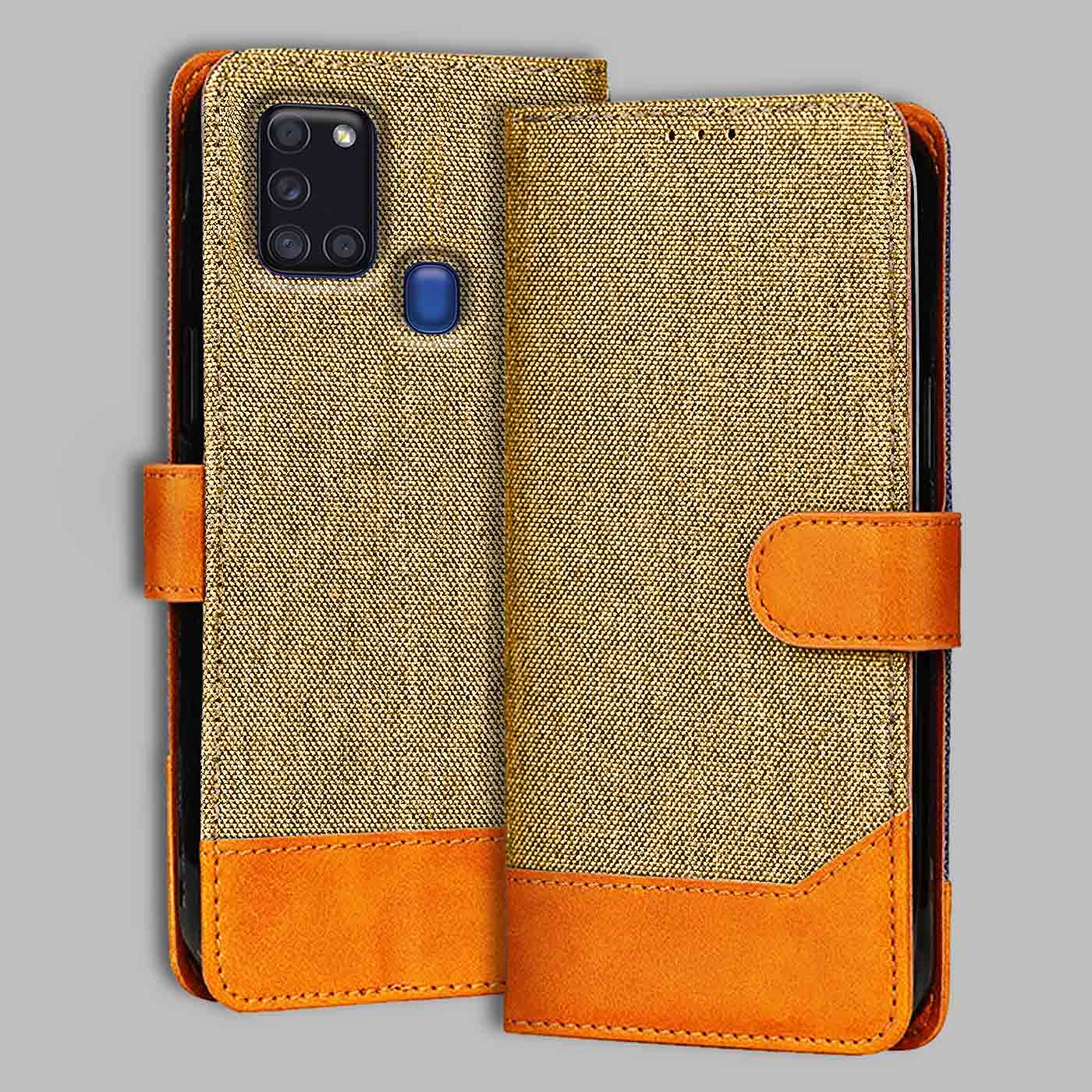 Accesorios Samsung A21S denim flip cover – Light Brown – Image 1 #color_light b