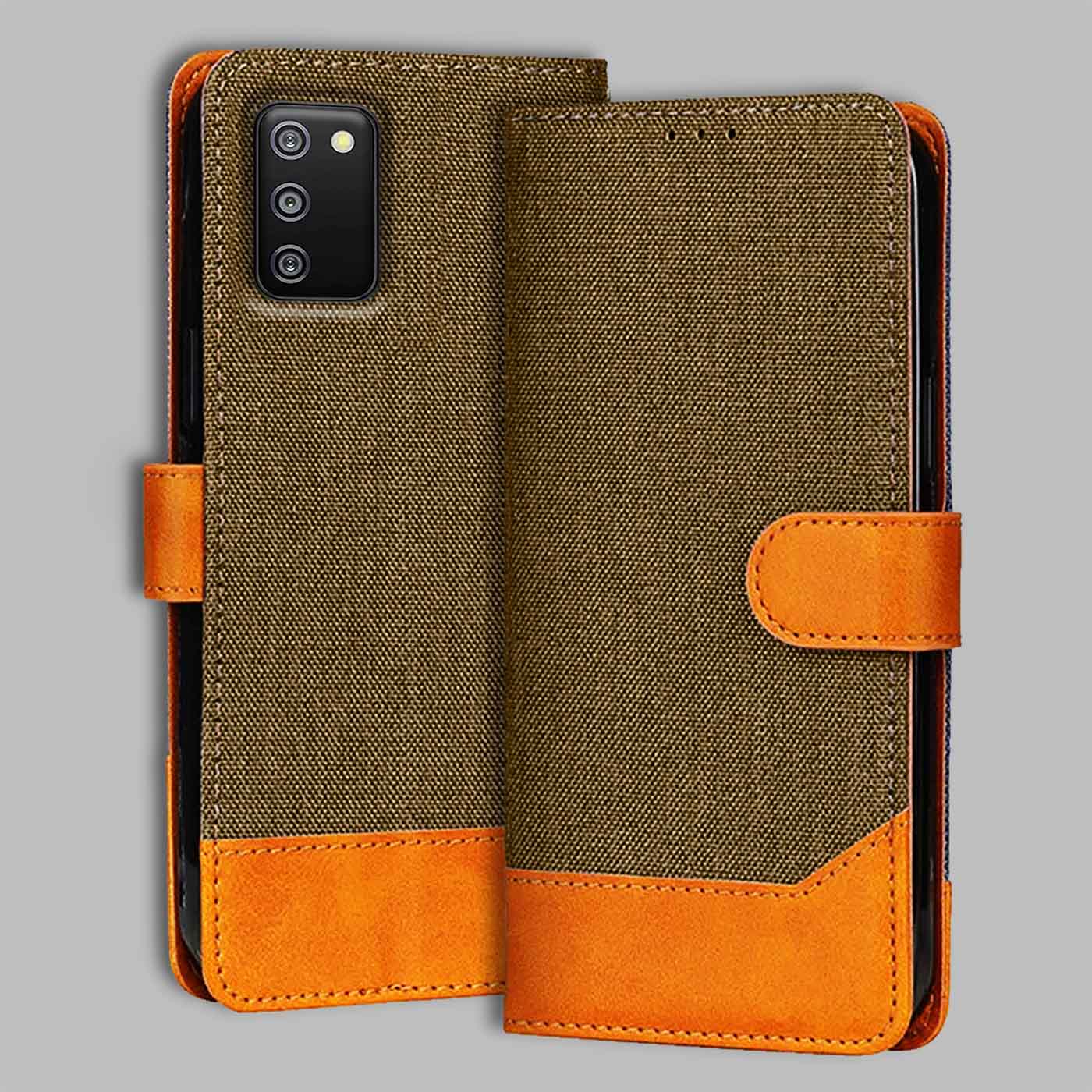 Accesorios Samsung F02S denim flip cover – Dark Brown – Image 1 #color_dark b
