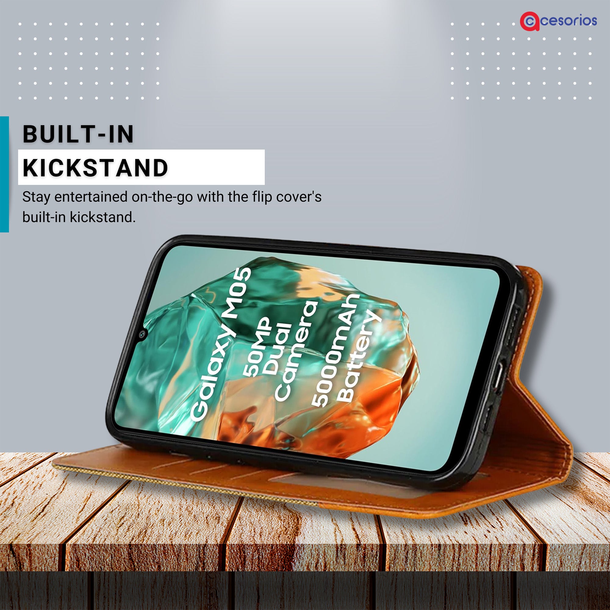Accesorios Samsung M05 denim flip cover – Light Brown – Image 4 #color_light brown