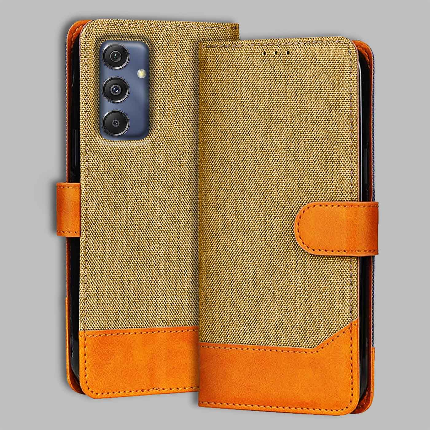 Accesorios Samsung M34 5G denim flip cover – Light Brown – Image 1 #color_light b