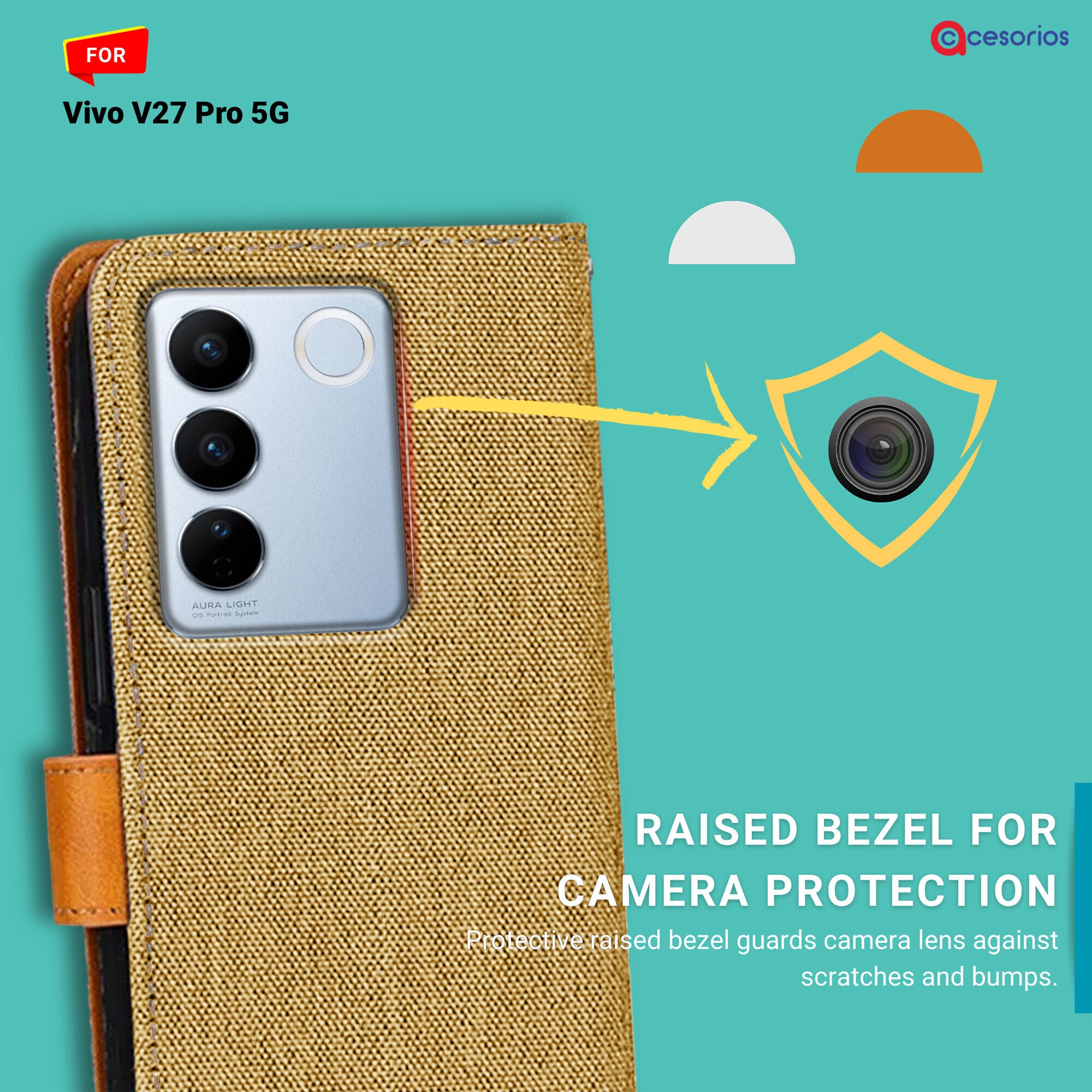 Accesorios Vivo V27 Pro 5G denim flip cover – Light Brown – Image 2 #color_light brown