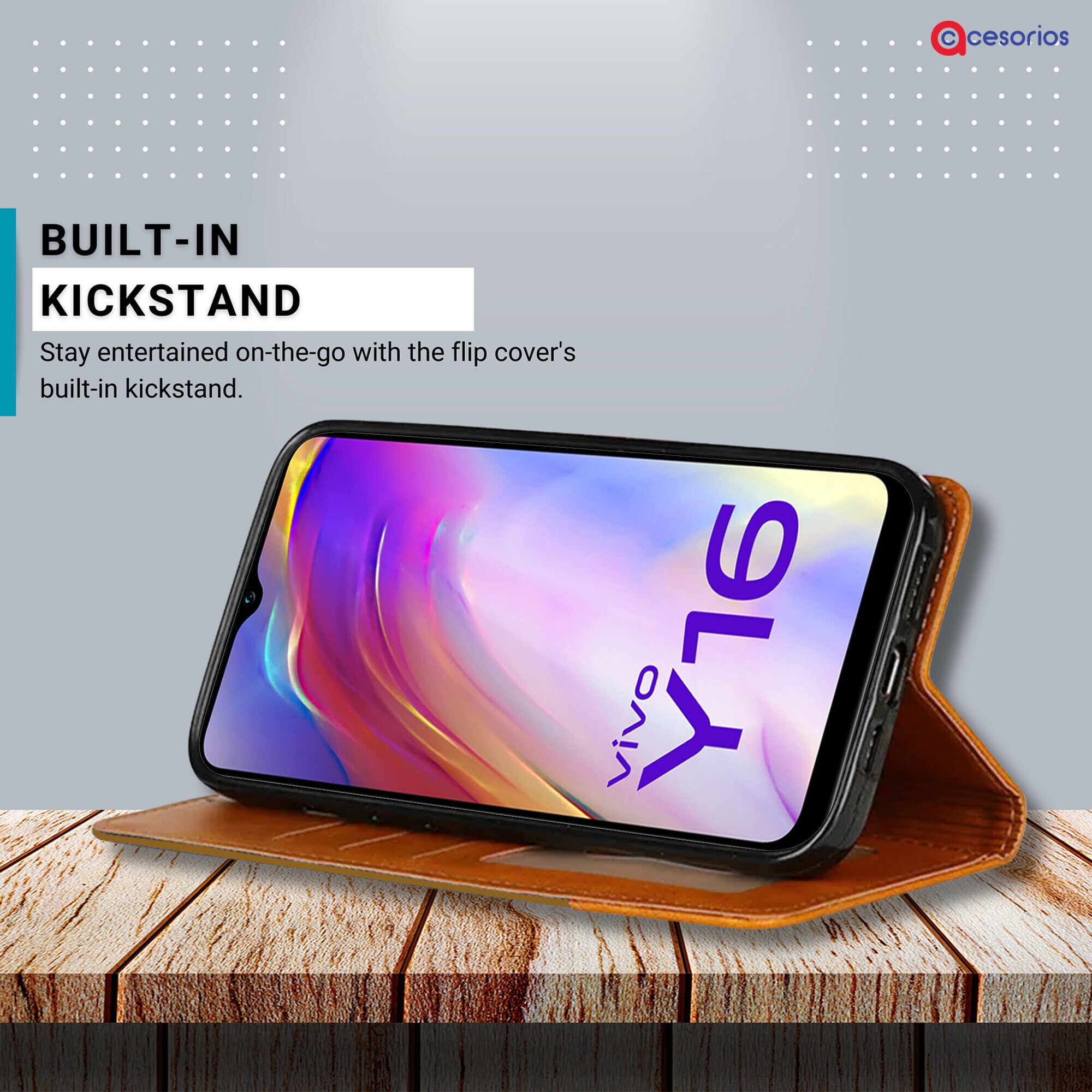 Accesorios Vivo Y16 denim flip cover – Light Brown – Image 4 #color_light brown