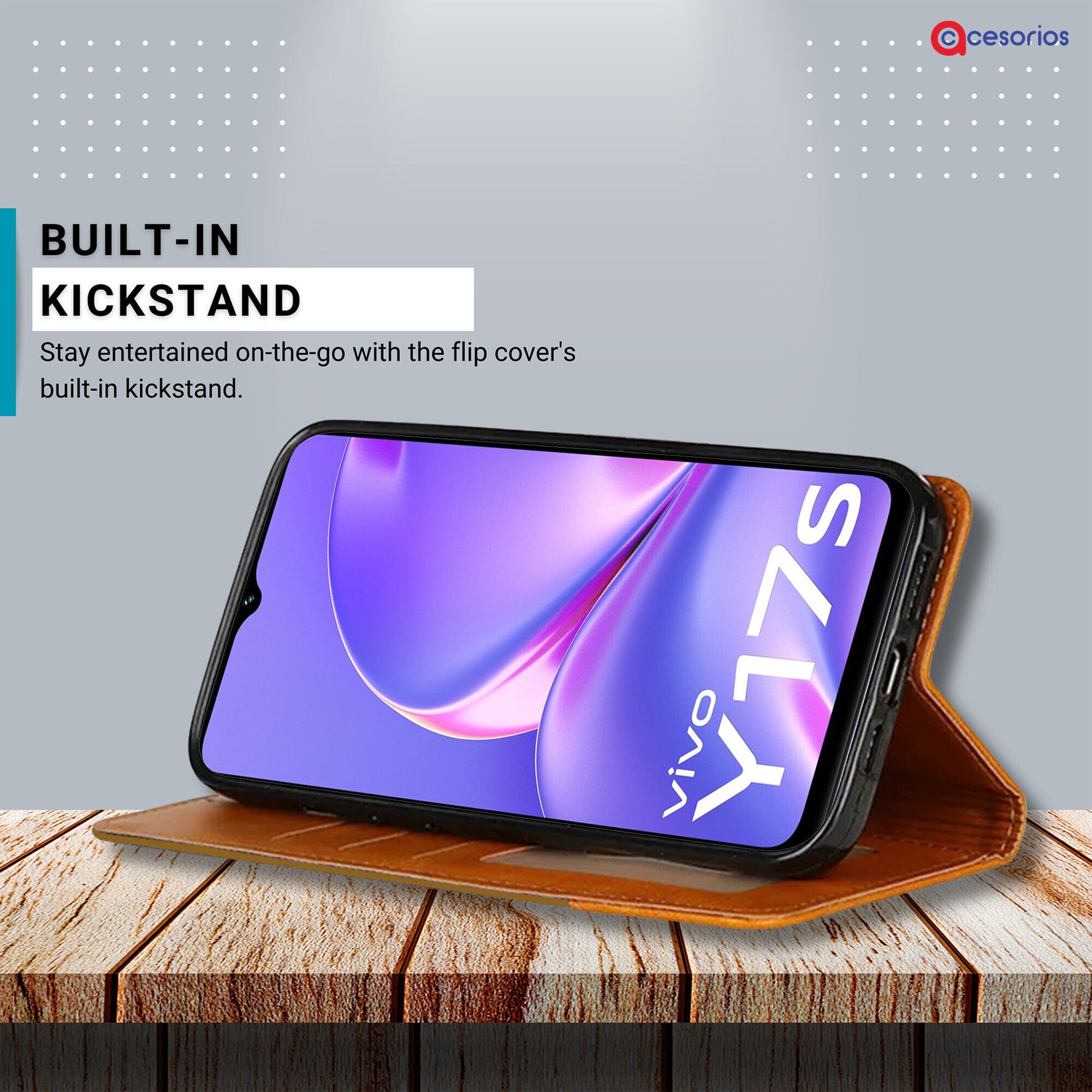 Accesorios Vivo Y17S denim flip cover – Light Brown – Image 4 #color_light brown