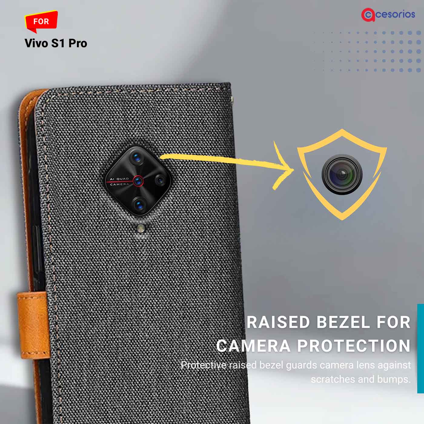 Accesorios Vivo S1 Pro denim flip cover – Grey – Image 2 #color_