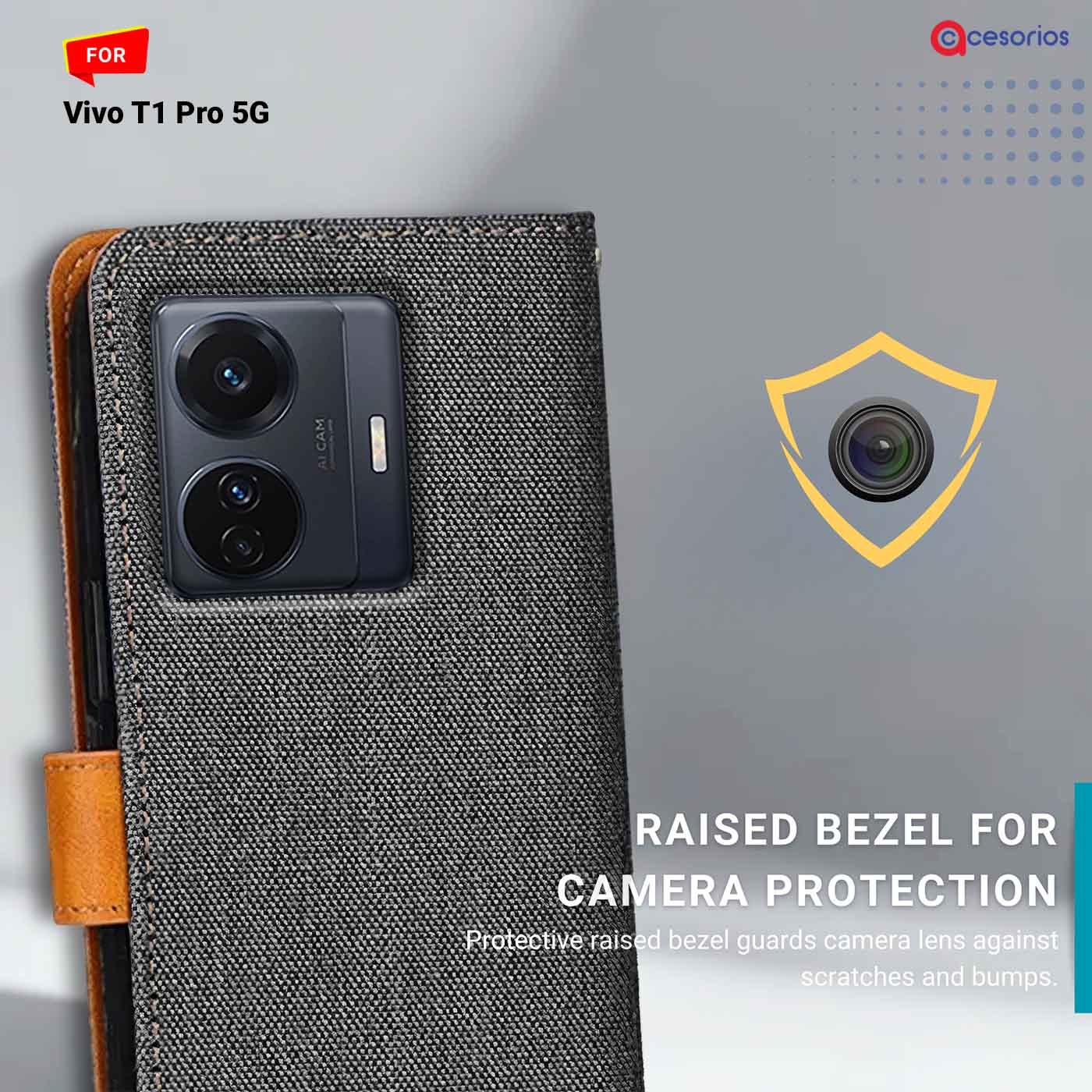 Accesorios Vivo T1 Pro 5G denim flip cover – Grey – Image 2 #color_