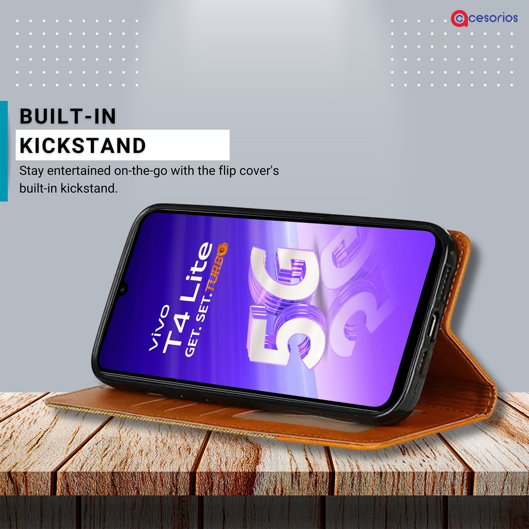 Accesorios Vivo T4 Lite 5G denim flip cover – Light Brown – Image 4 #color_light brown