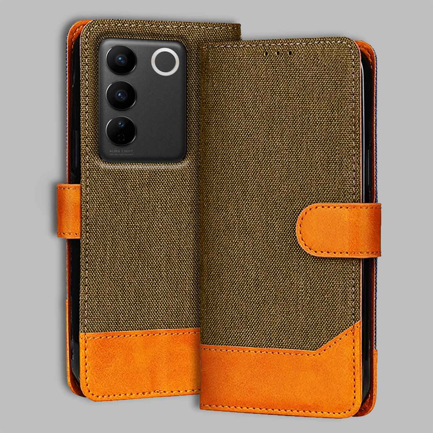 Accesorios Vivo V27 5G denim flip cover – Dark Brown – Image 1 #color_dark b