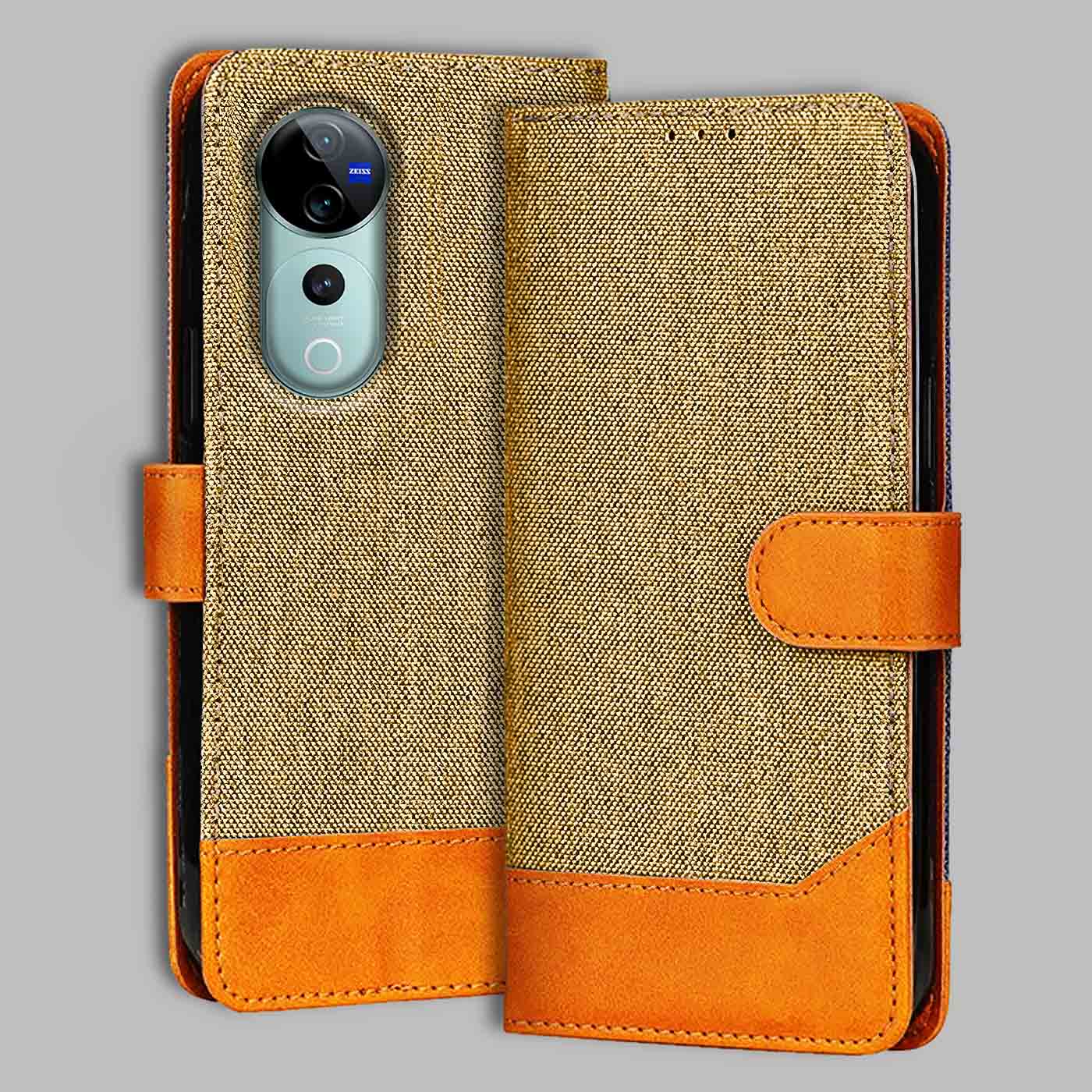 Accesorios Vivo V40 Pro denim flip cover – Light Brown – Image 1 #color_light b