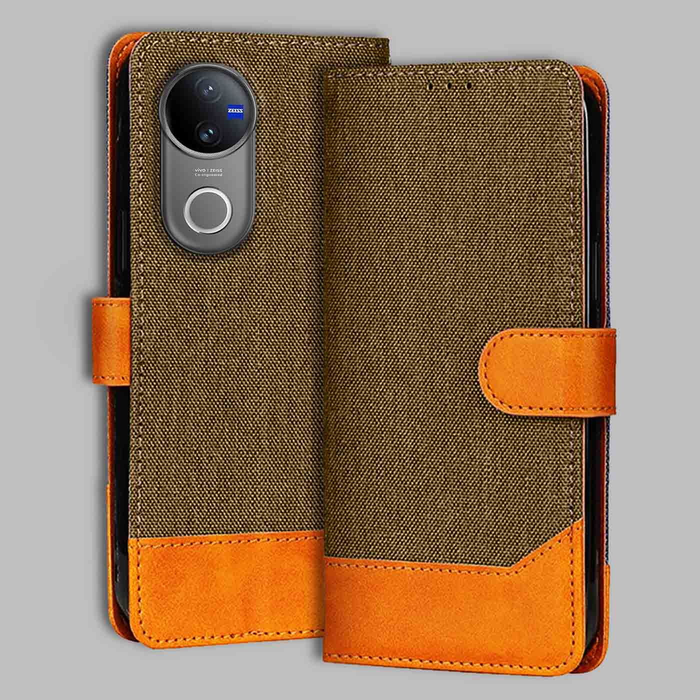Accesorios Vivo V50 5G denim flip cover – Dark Brown – Image 1 #color_dark b